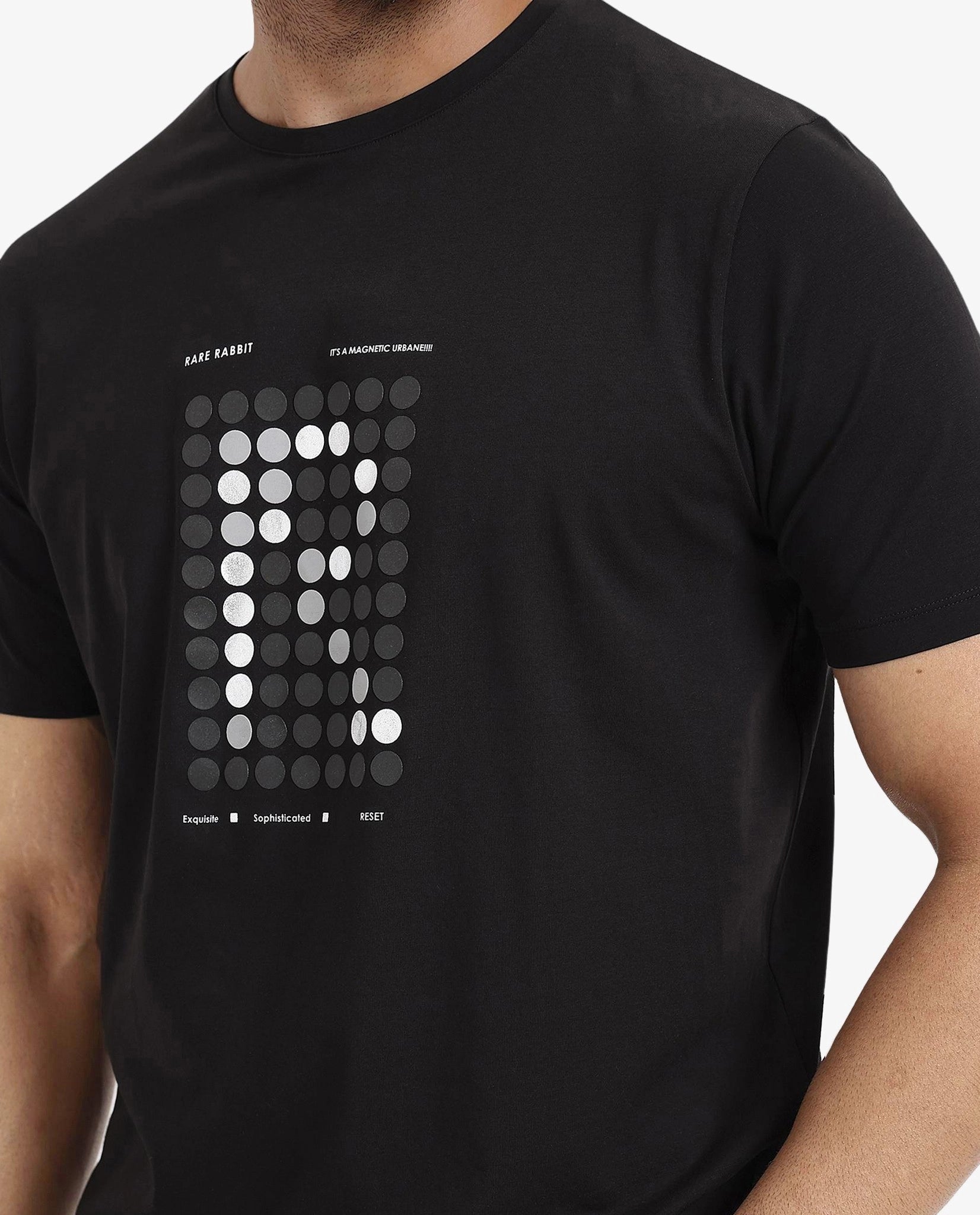 Rare Rabbit Men Colos Black Cotton Lycra Fabric Short Sleeve Crew Neck Regular Fit Graphic Print T-Shirt