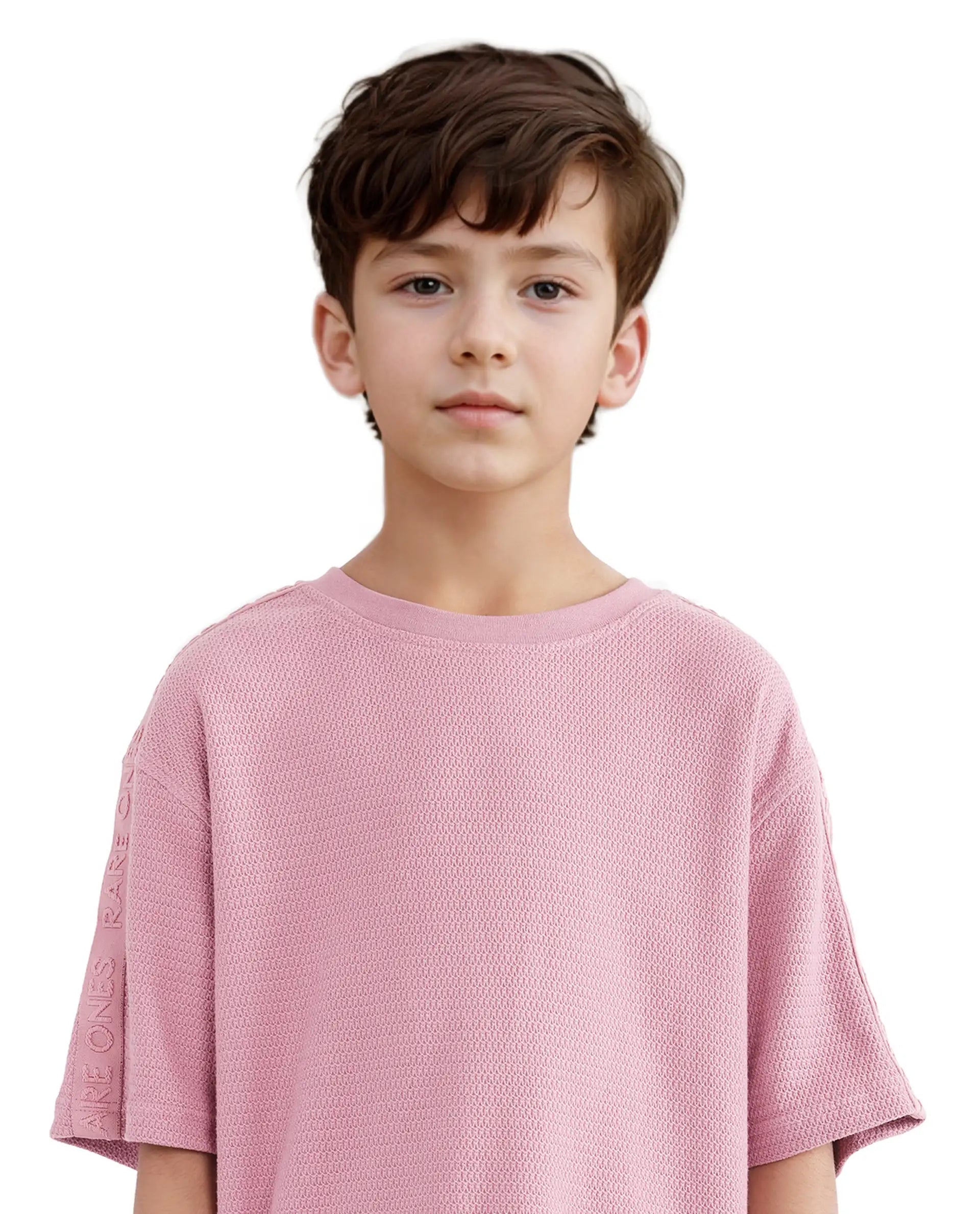 Rare Ones Kids Cols Pink Cotton Half Sleeves Crew Neck Oversized Fit Textured Solid T-Shirt