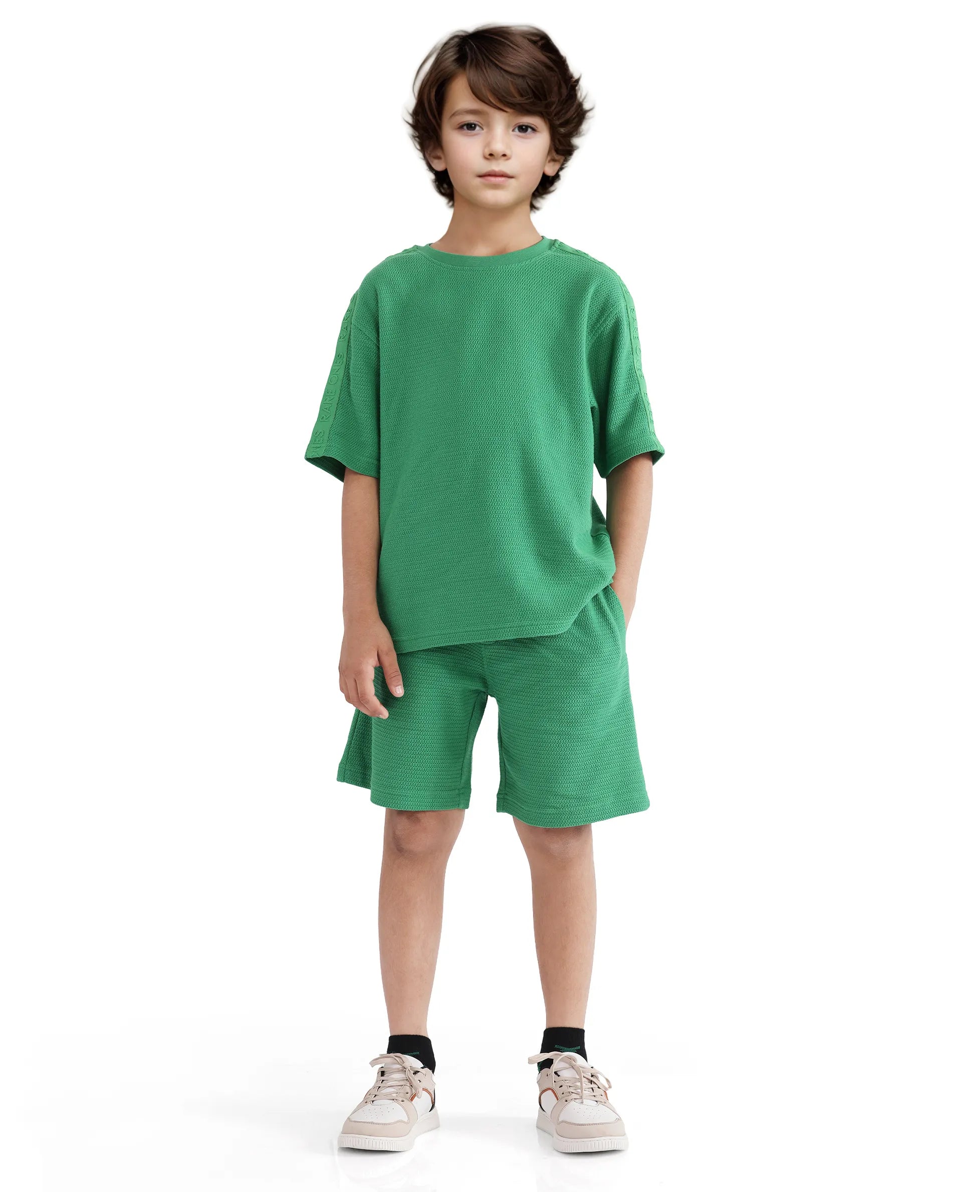 Rare Ones Kids Cols Green Cotton Half Sleeves Crew Neck Oversized Fit Textured Solid T-Shirt