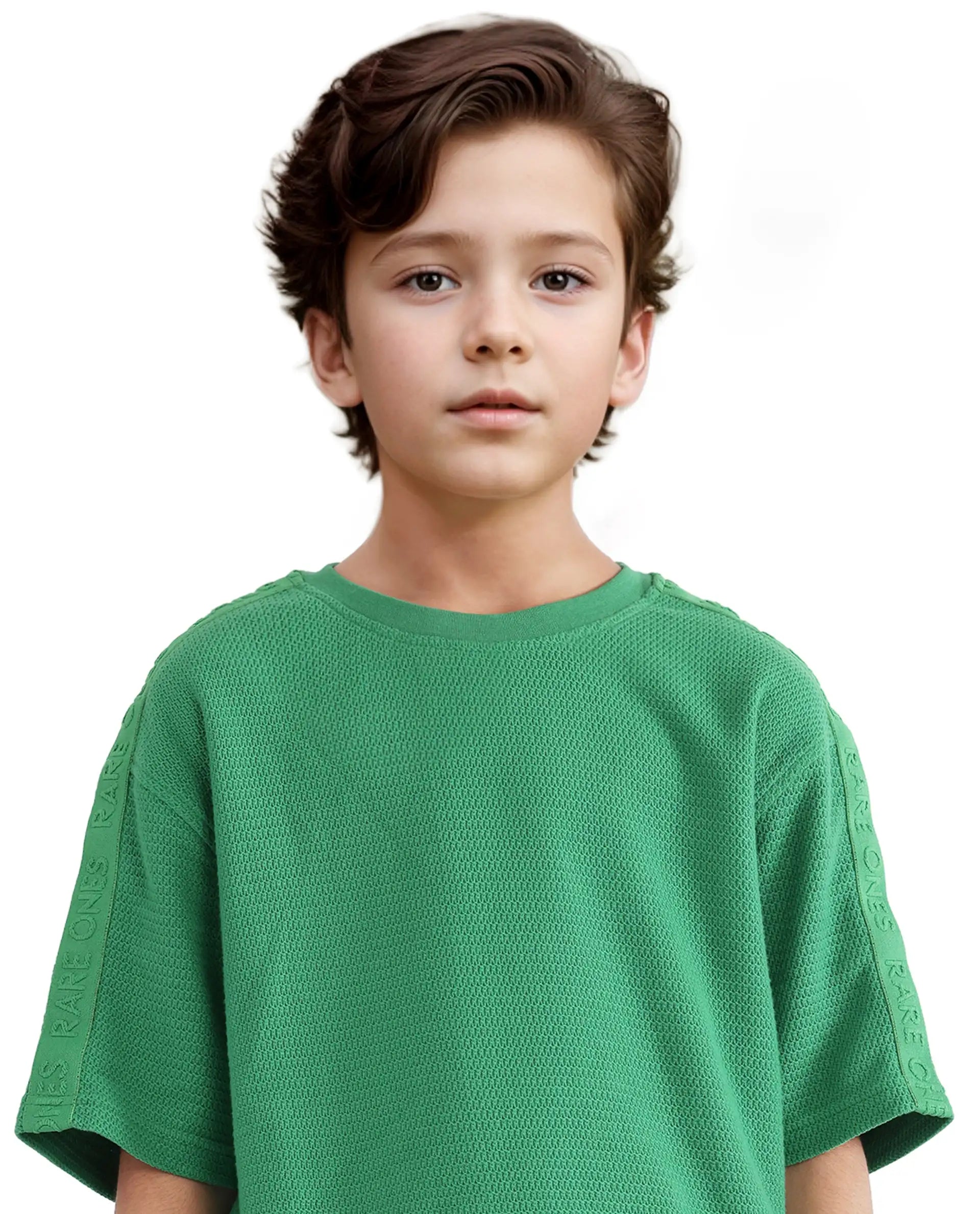 Rare Ones Kids Cols Green Cotton Half Sleeves Crew Neck Oversized Fit Textured Solid T-Shirt