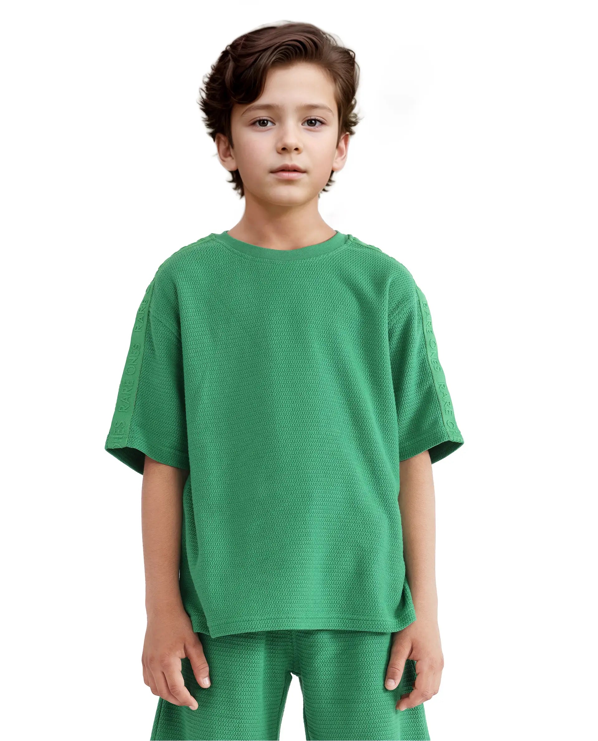 Rare Ones Kids Cols Green Cotton Half Sleeves Crew Neck Oversized Fit Textured Solid T-Shirt