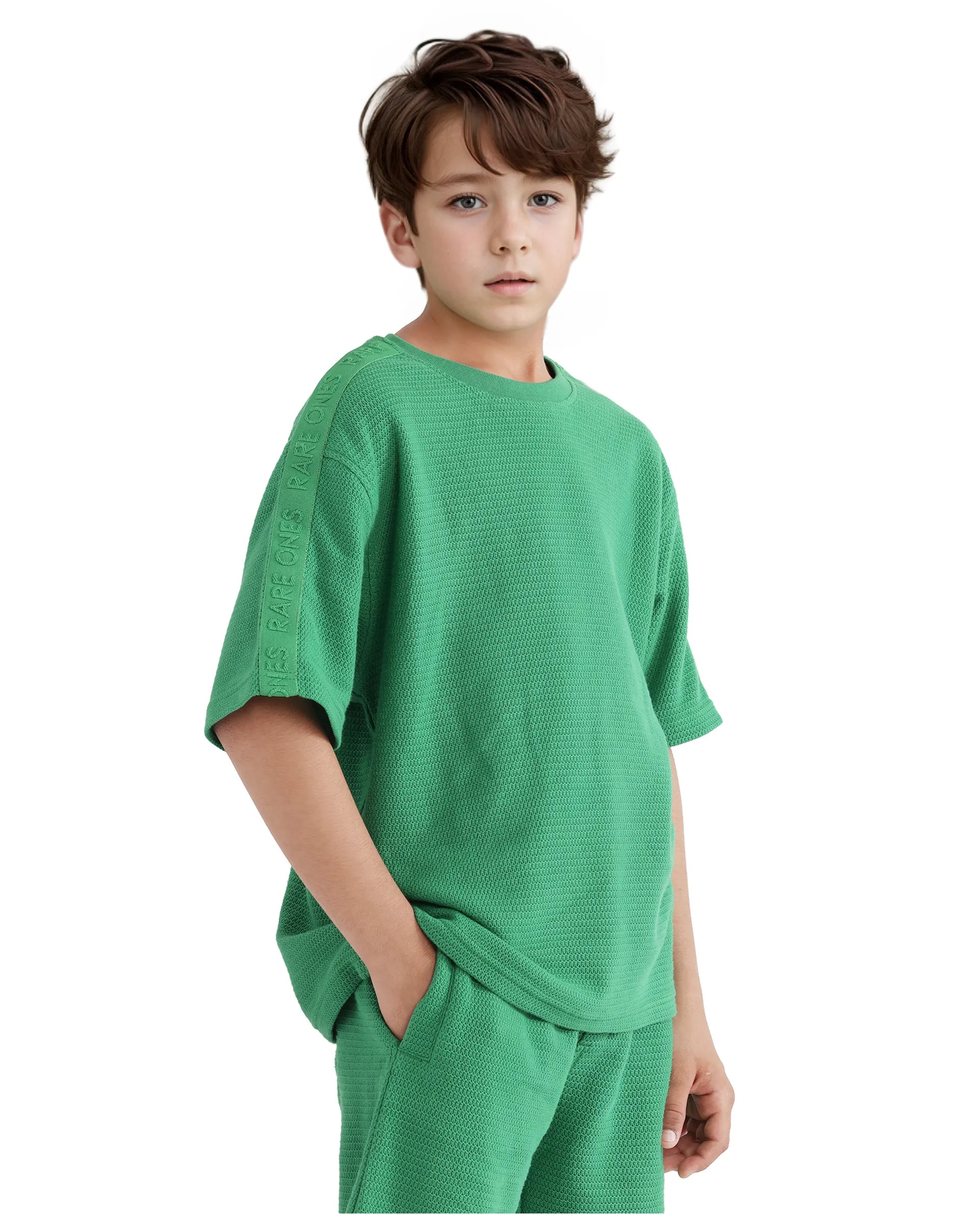 Rare Ones Kids Cols Green Cotton Half Sleeves Crew Neck Oversized Fit Textured Solid T-Shirt