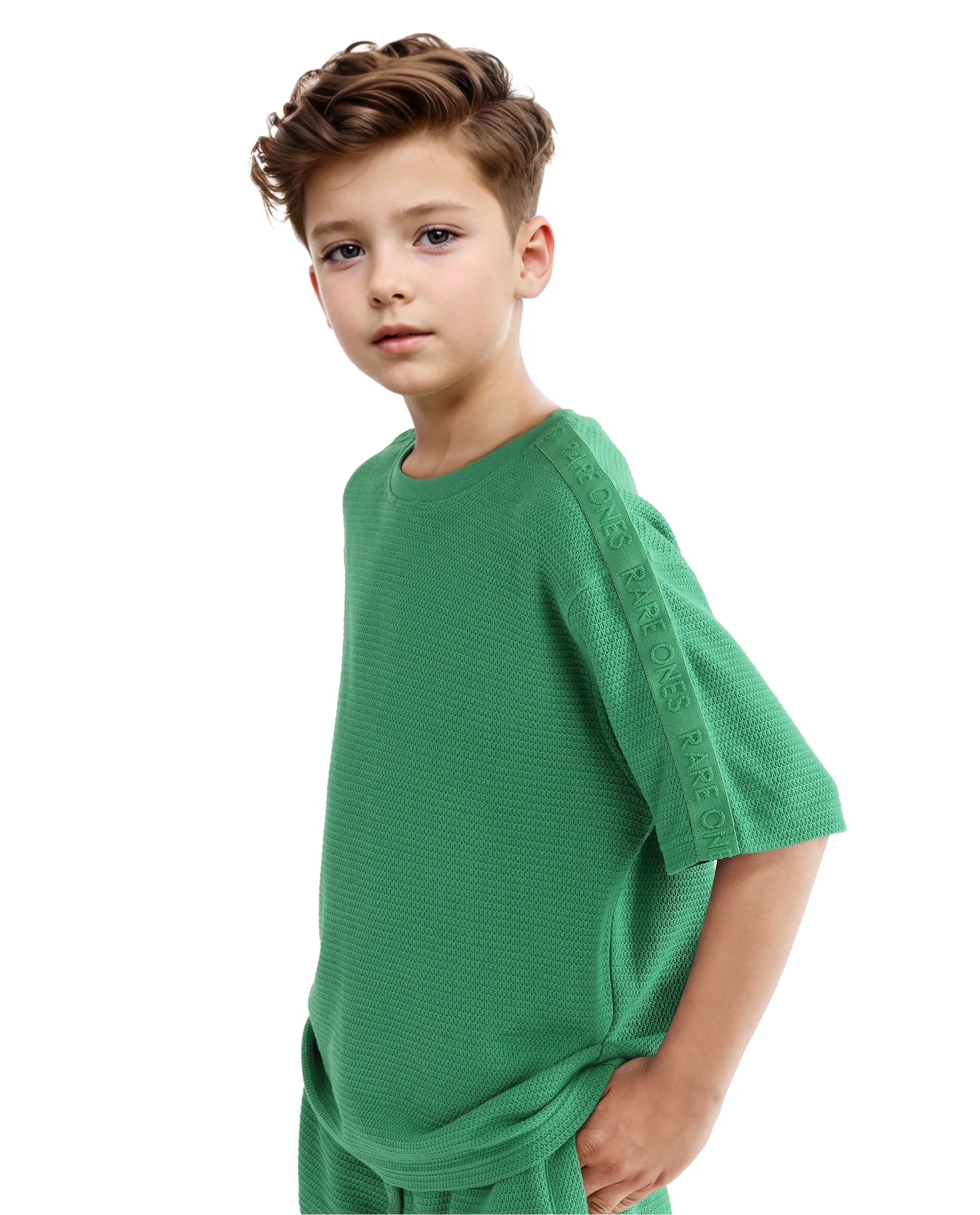 Rare Ones Kids Cols Green Cotton Half Sleeves Crew Neck Oversized Fit Textured Solid T-Shirt