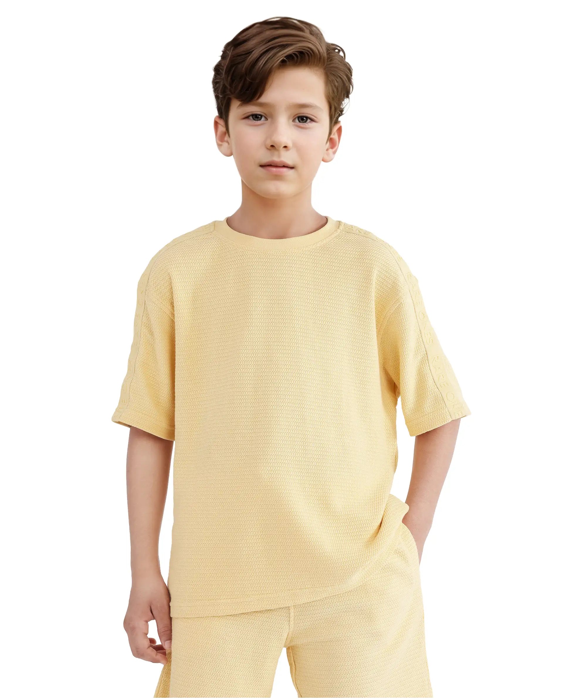 Rare Ones Kids Cols Yellow Cotton Half Sleeves Crew Neck Oversized Fit Textured Solid T-Shirt