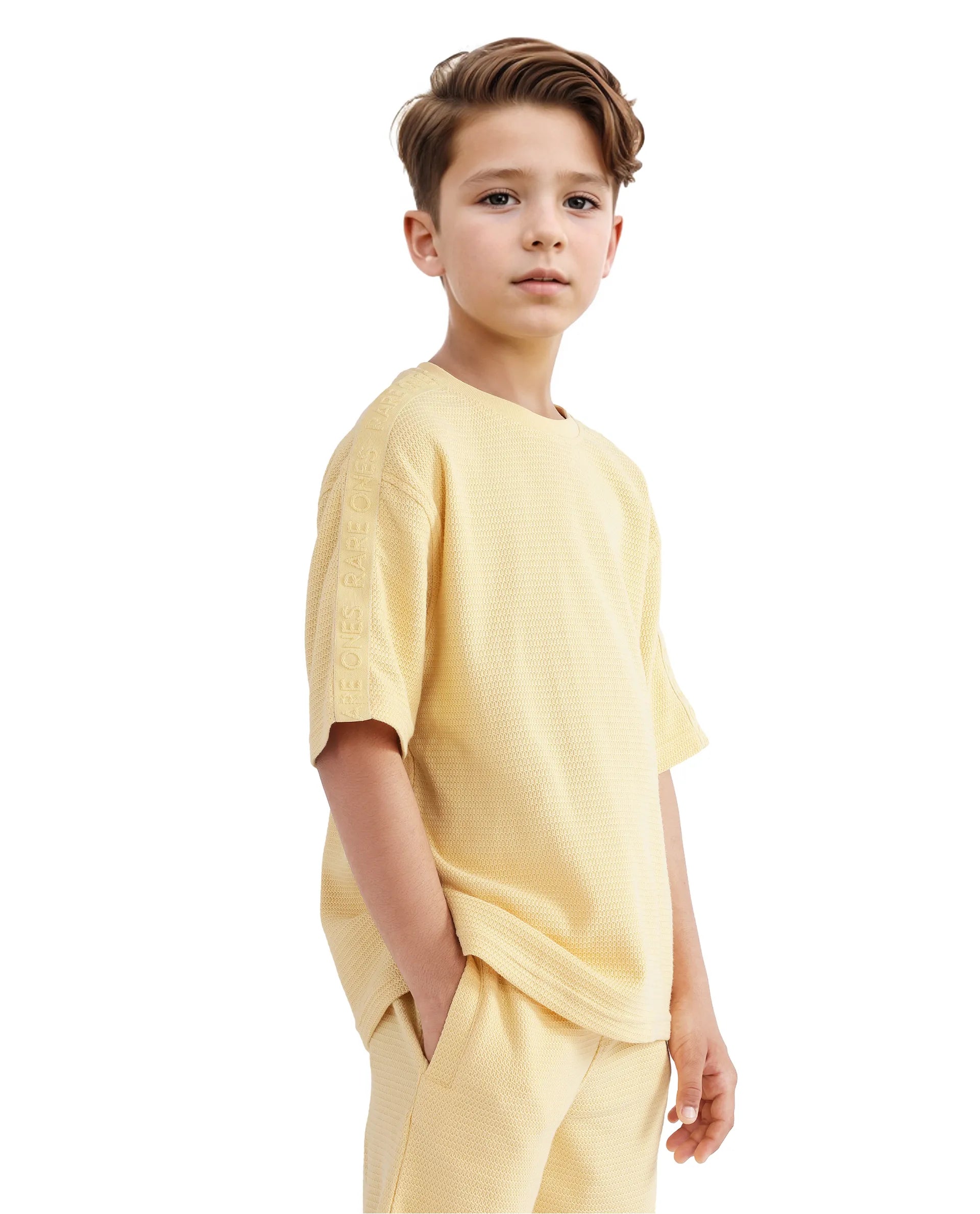 Rare Ones Kids Cols Yellow Cotton Half Sleeves Crew Neck Oversized Fit Textured Solid T-Shirt