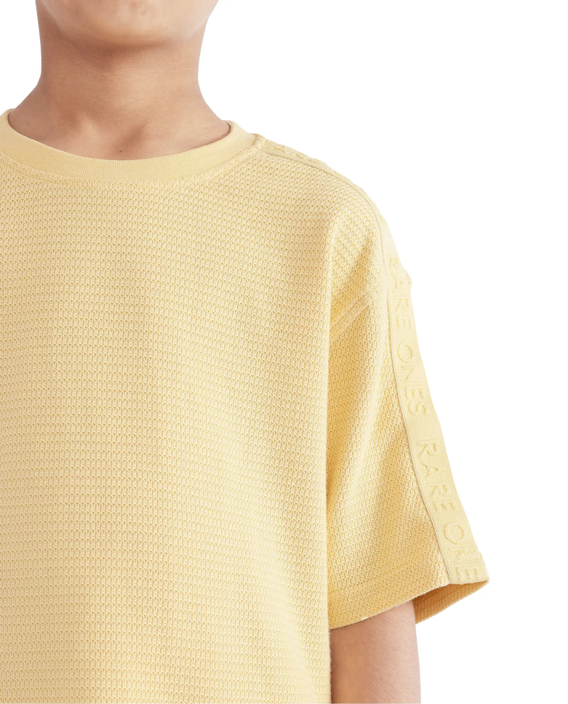 Rare Ones Kids Cols Yellow Cotton Half Sleeves Crew Neck Oversized Fit Textured Solid T-Shirt