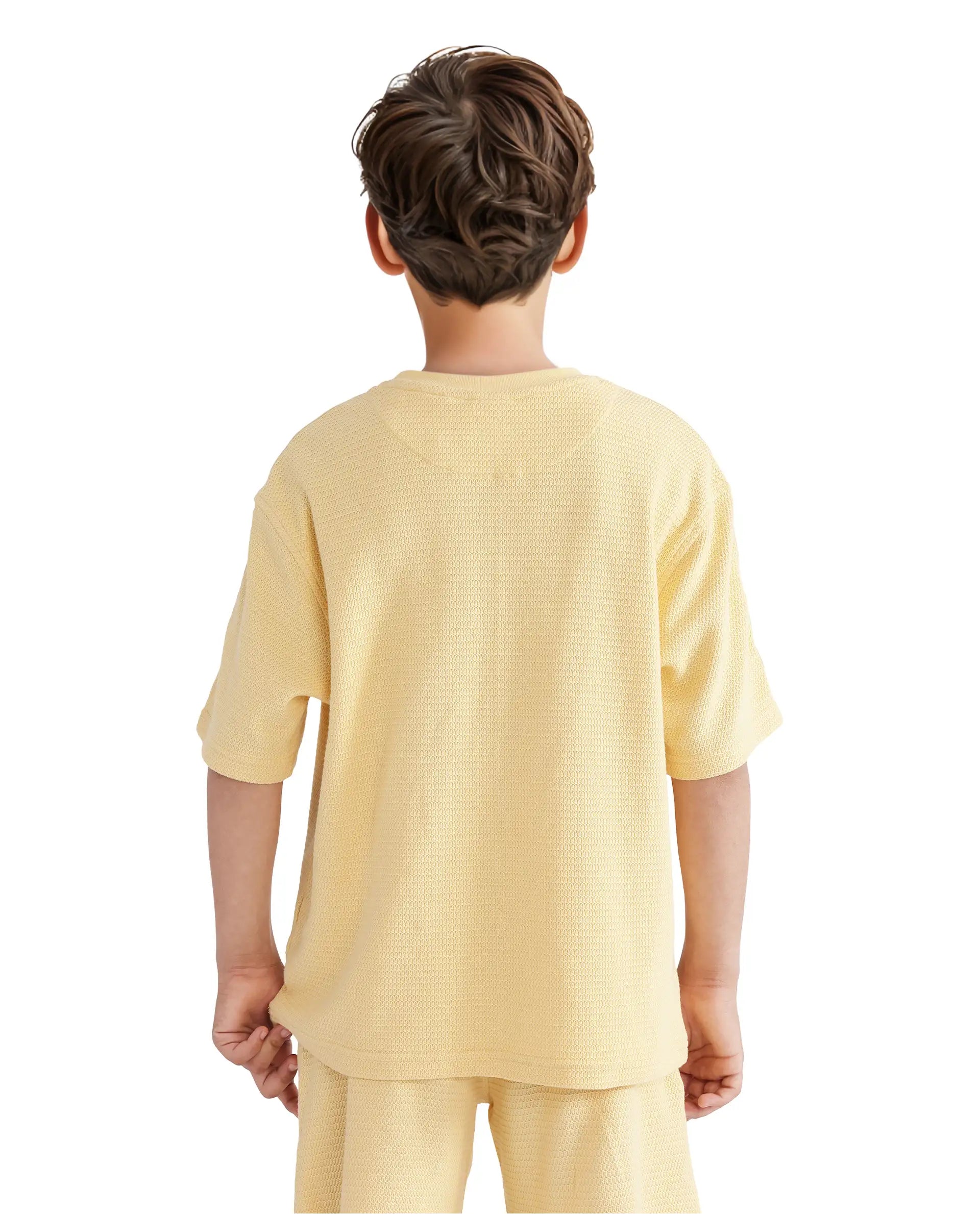 Rare Ones Kids Cols Yellow Cotton Half Sleeves Crew Neck Oversized Fit Textured Solid T-Shirt