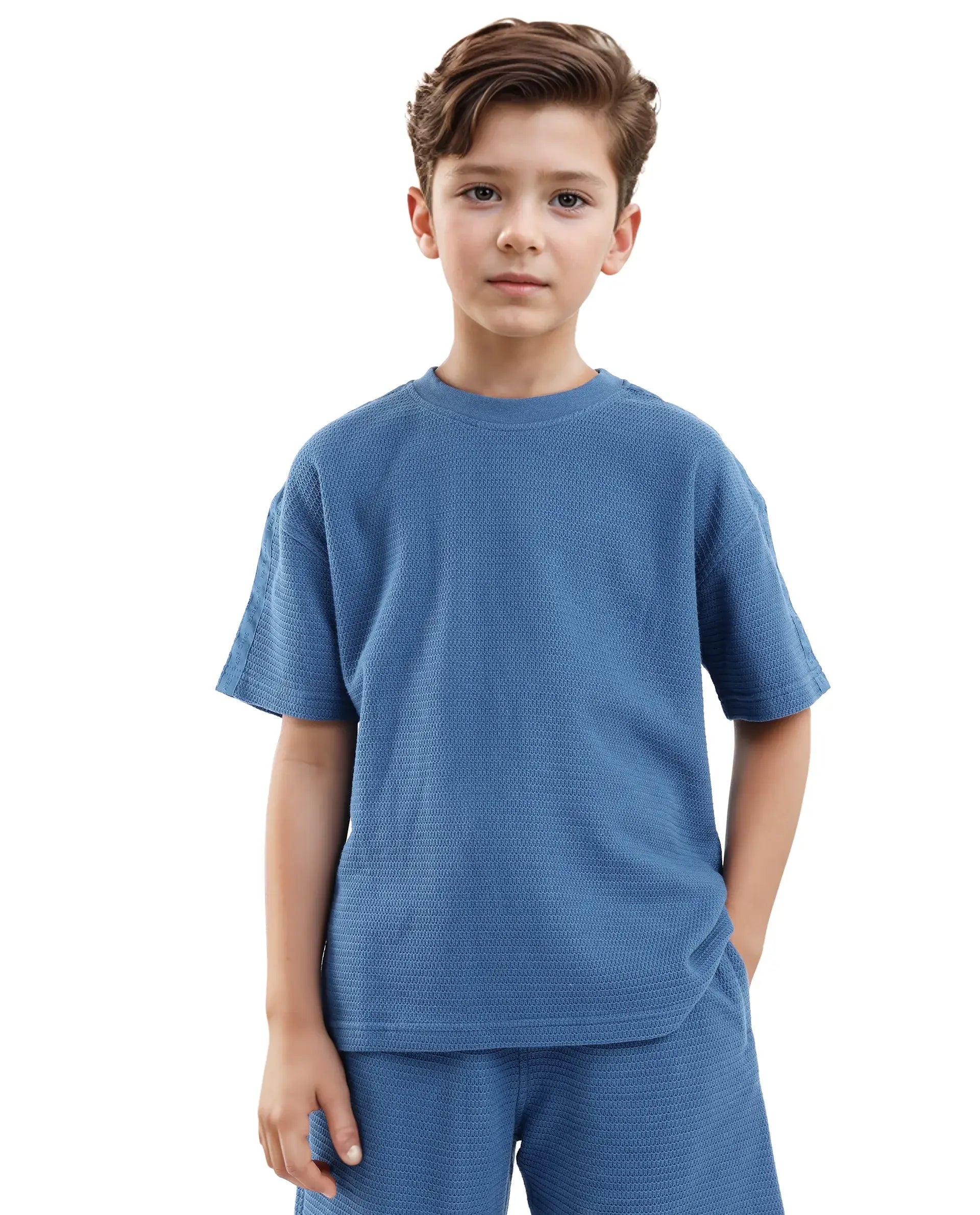 Rare Ones Kids Cols Teal Cotton Half Sleeves Crew Neck Oversized Fit Textured Solid T-Shirt