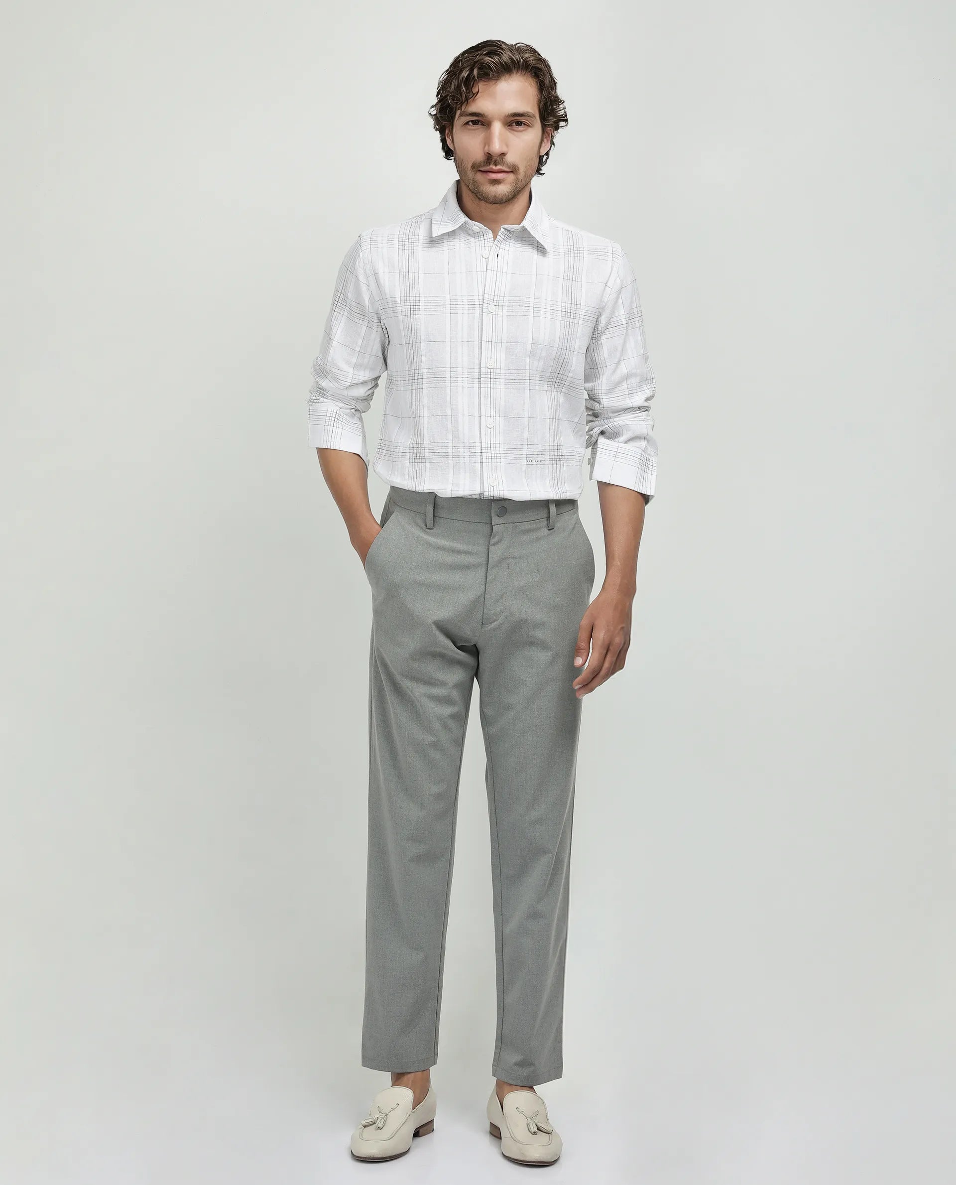 Rare Rabbit Men's Cols White Cotton Fabric Full Sleeve Spread Collar Button Closure Checked Shirt