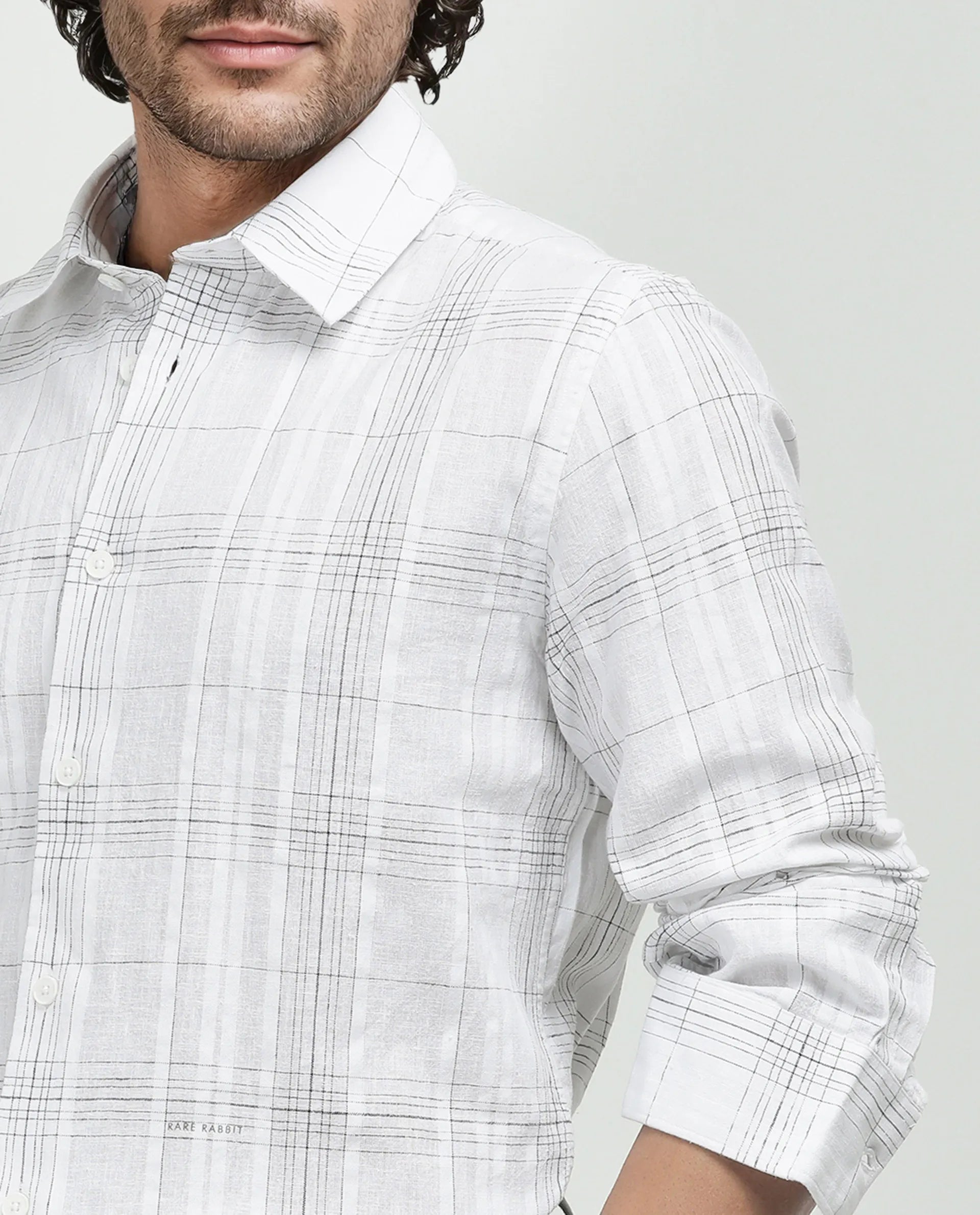 Rare Rabbit Men's Cols White Cotton Fabric Full Sleeve Spread Collar Button Closure Checked Shirt