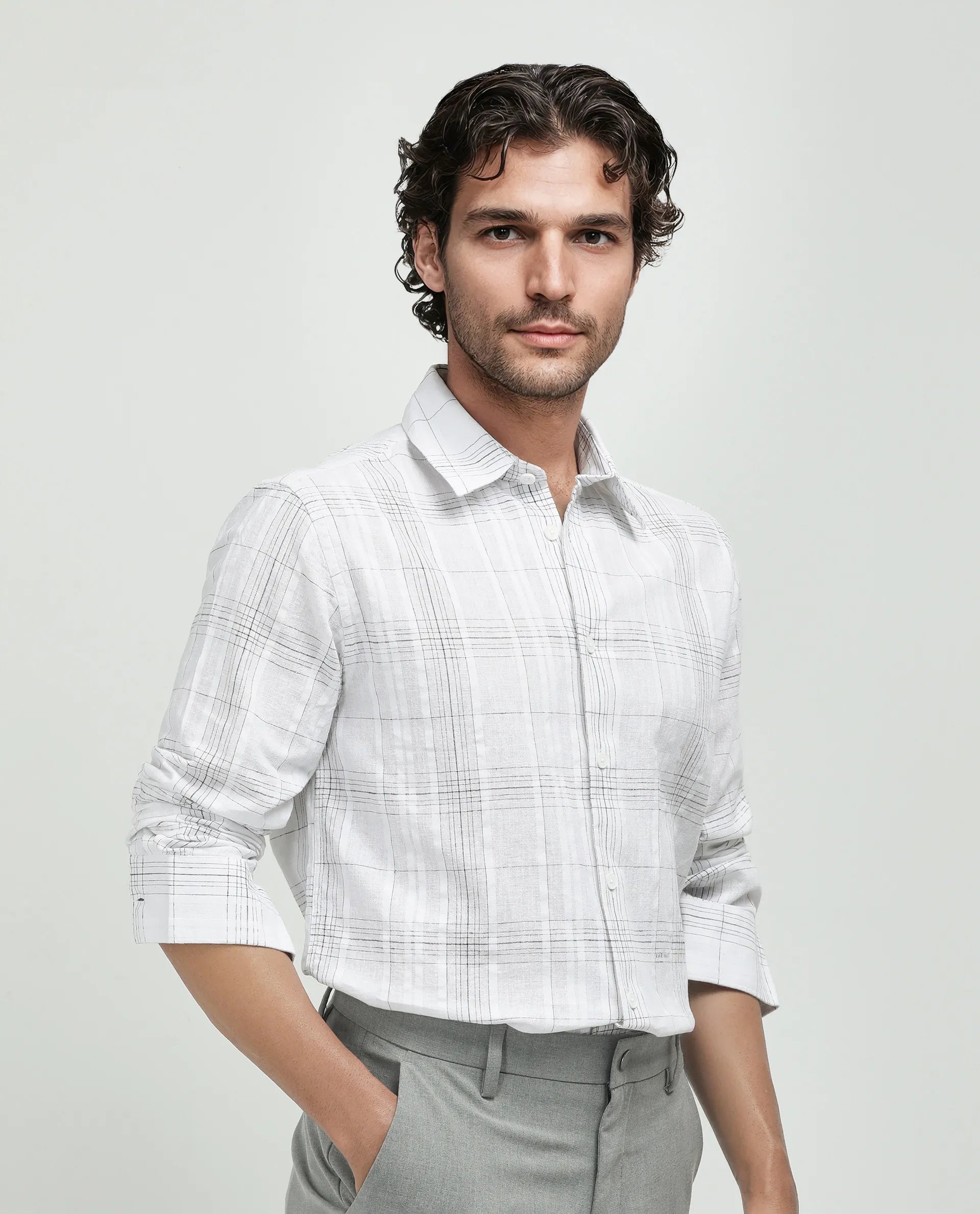 Rare Rabbit Men's Cols White Cotton Fabric Full Sleeve Spread Collar Button Closure Checked Shirt