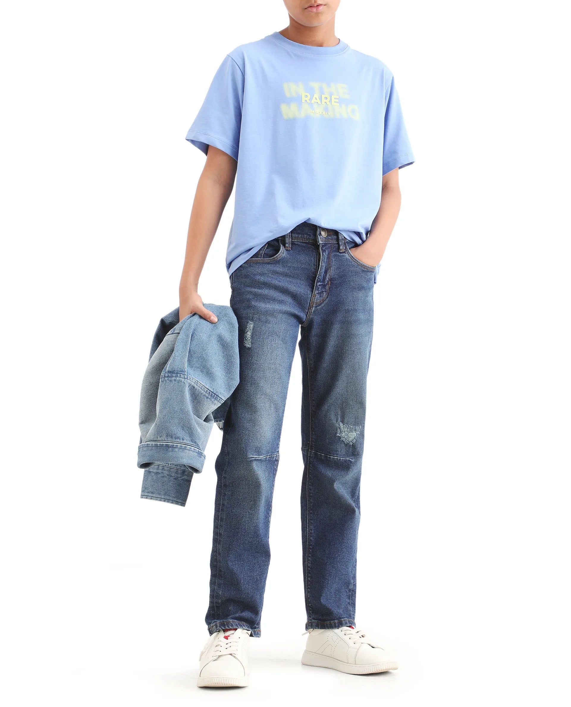 Rare Ones Kids Colt Blue Cotton Blend Button And Zipper Closure Plain Regular Fit Jeans
