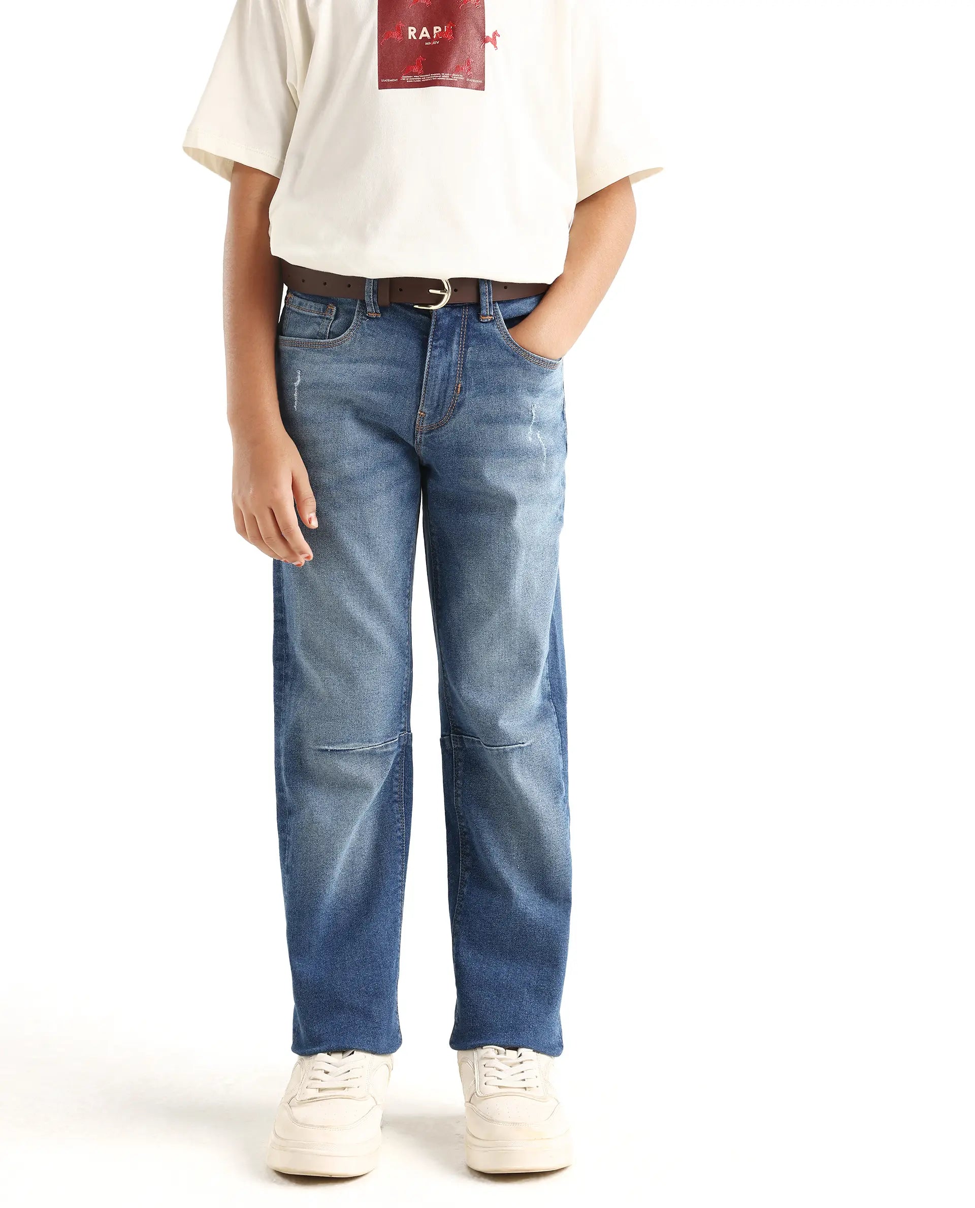 Rare Ones Kids Colt Light Blue Cotton Blend Button And Zipper Closure Plain Regular Fit Jeans