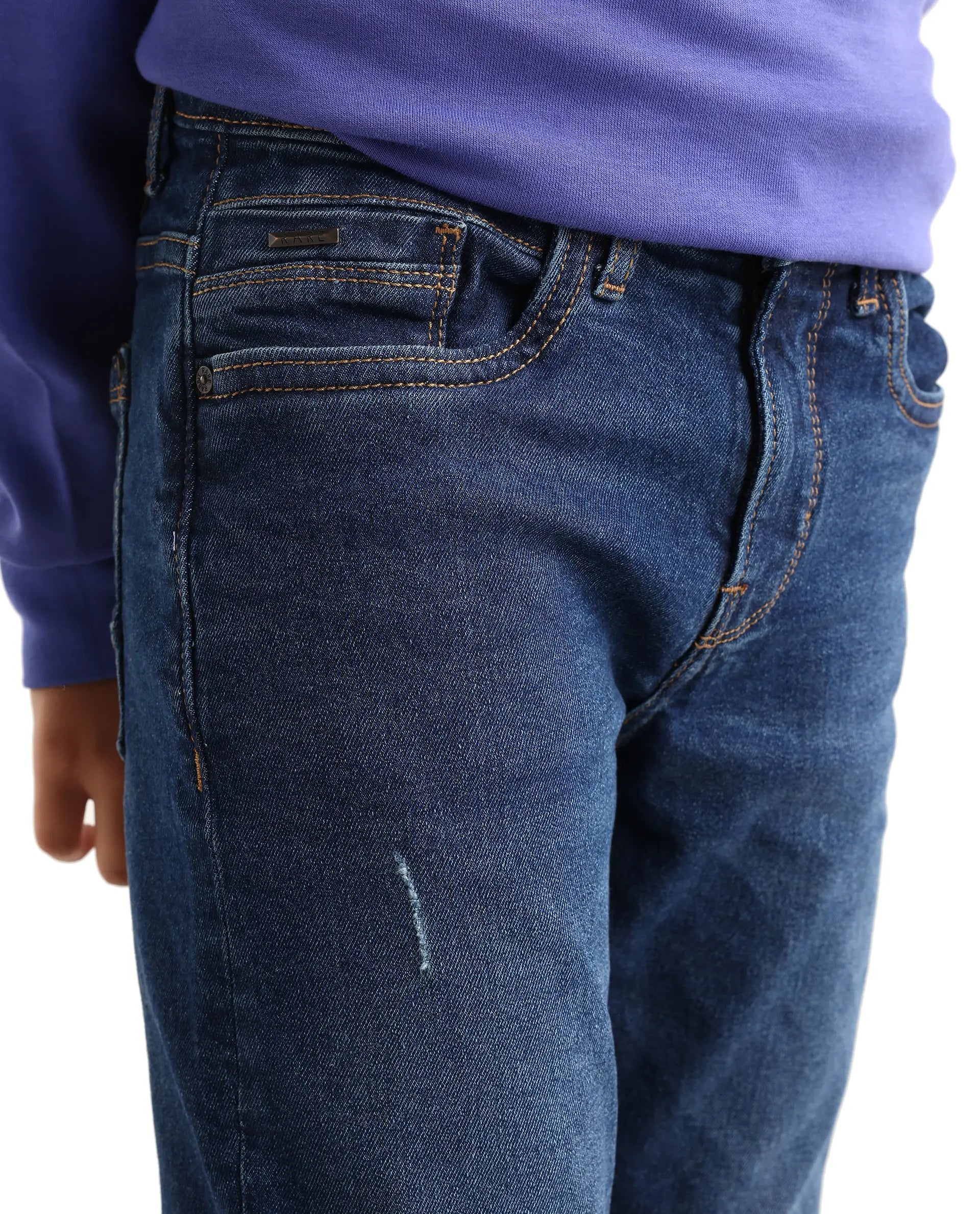 Rare Ones Kids Colton Dark Blue Cotton Blend Button And Zipper Closure Plain Slim Fit Jeans
