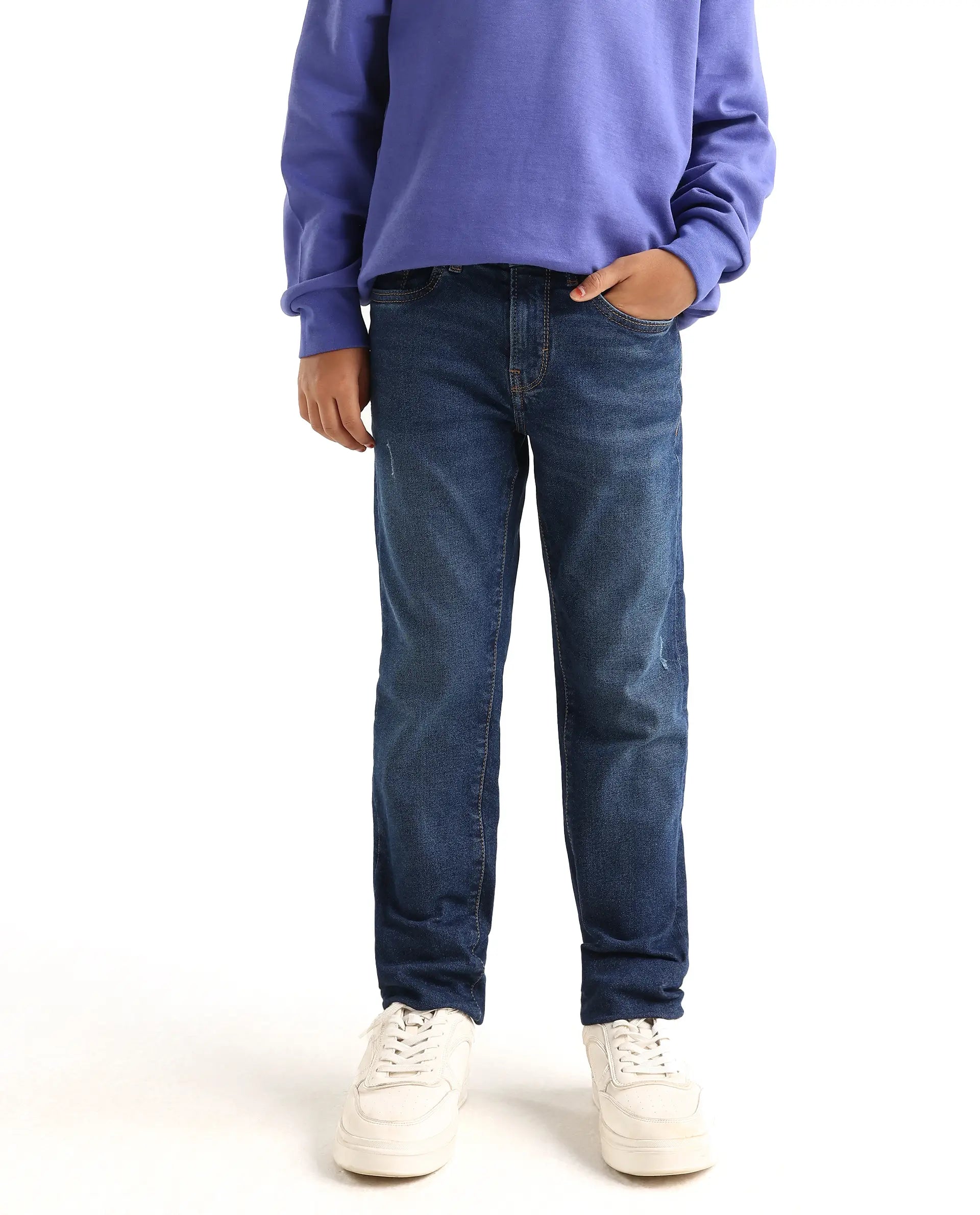 Rare Ones Kids Colton Dark Blue Cotton Blend Button And Zipper Closure Plain Slim Fit Jeans