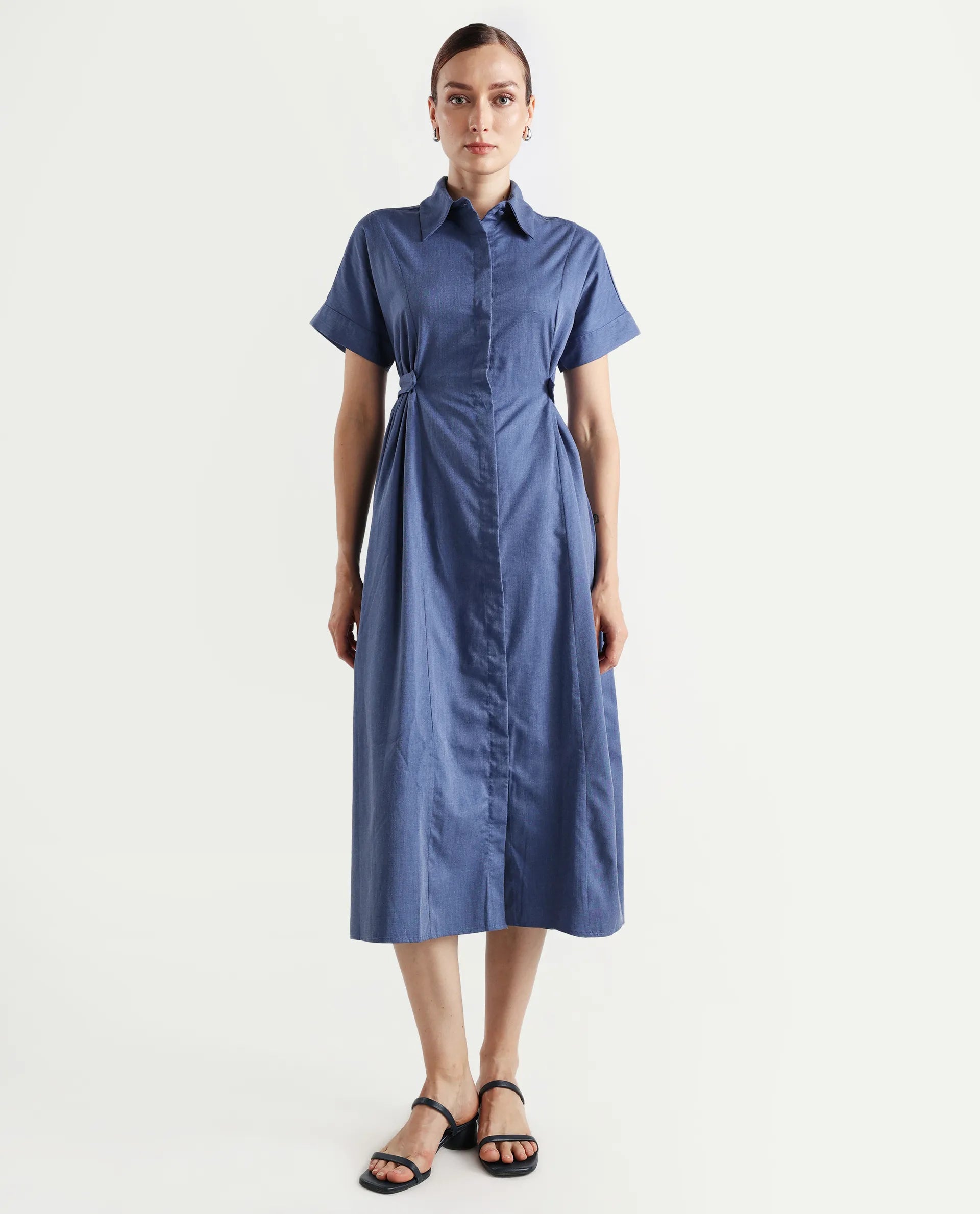 Rareism Women's Comatch Dark Blue Polyester Drop Collar Plain Extended Sleeves Maxi Fit And Flare Dress