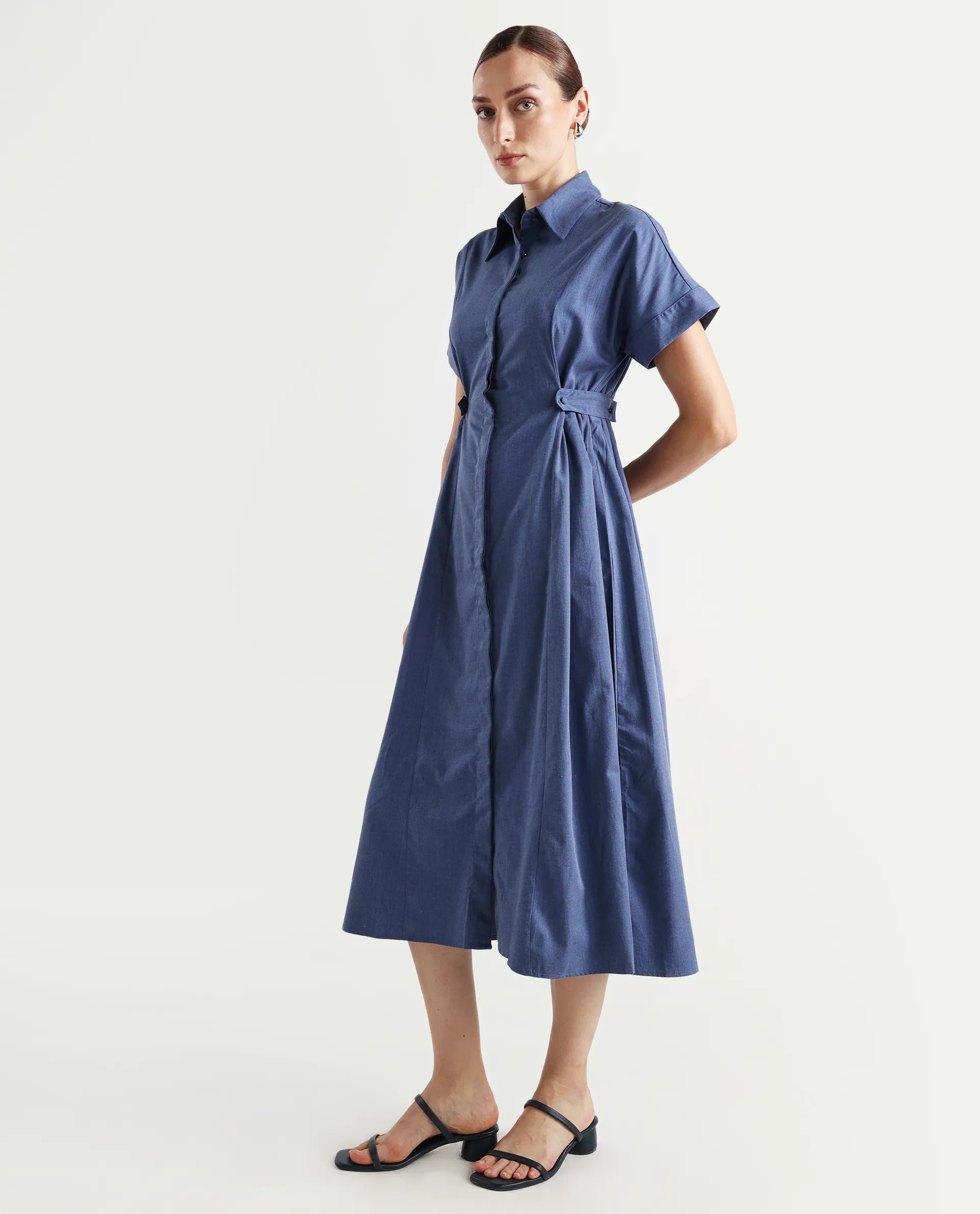 Rareism Women's Comatch Dark Blue Polyester Drop Collar Plain Extended Sleeves Maxi Fit And Flare Dress