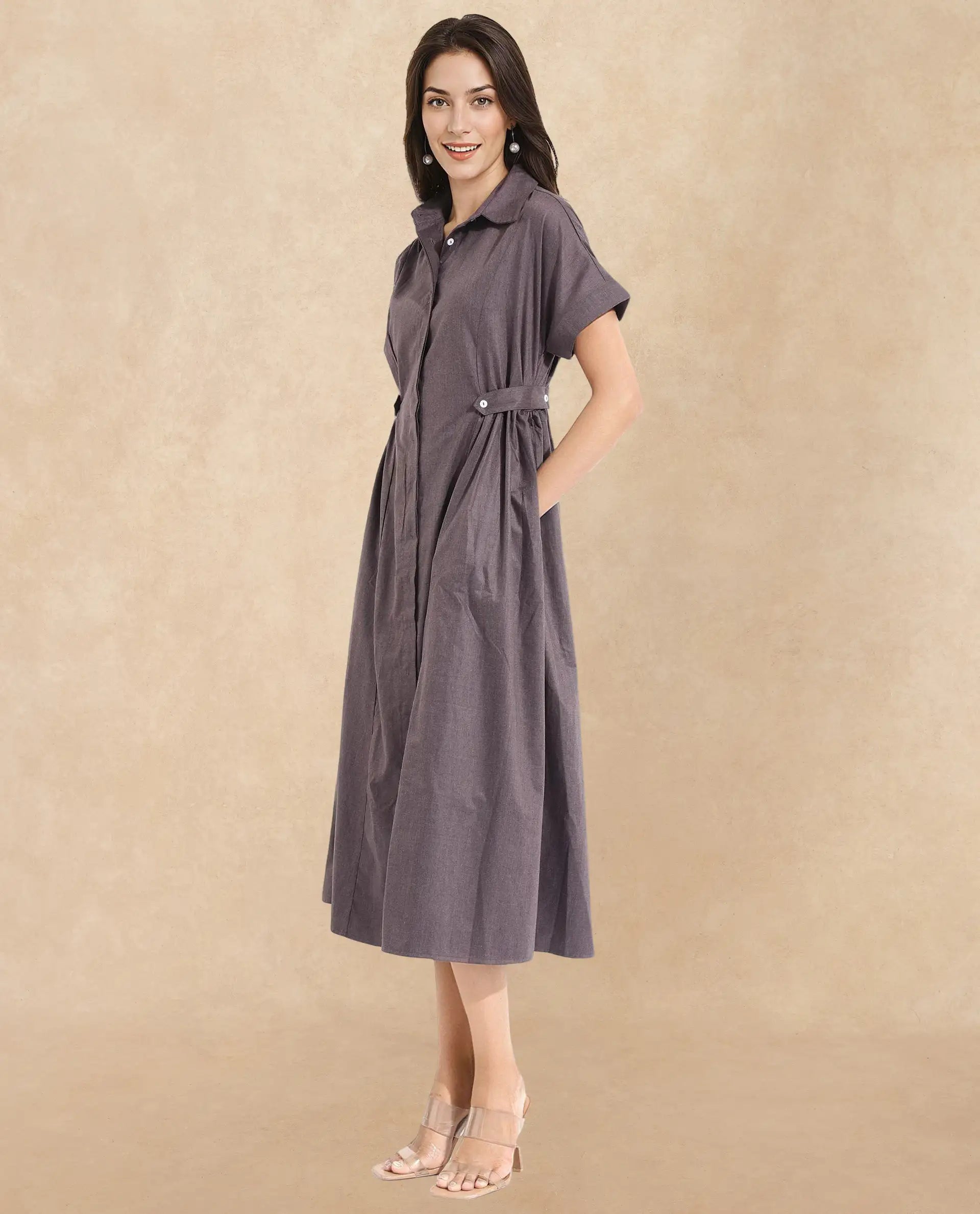 Rareism Women Comatch Brown Extended Sleeves Collared Neck Button Closure Fit And Flare Maxi Plain Dress