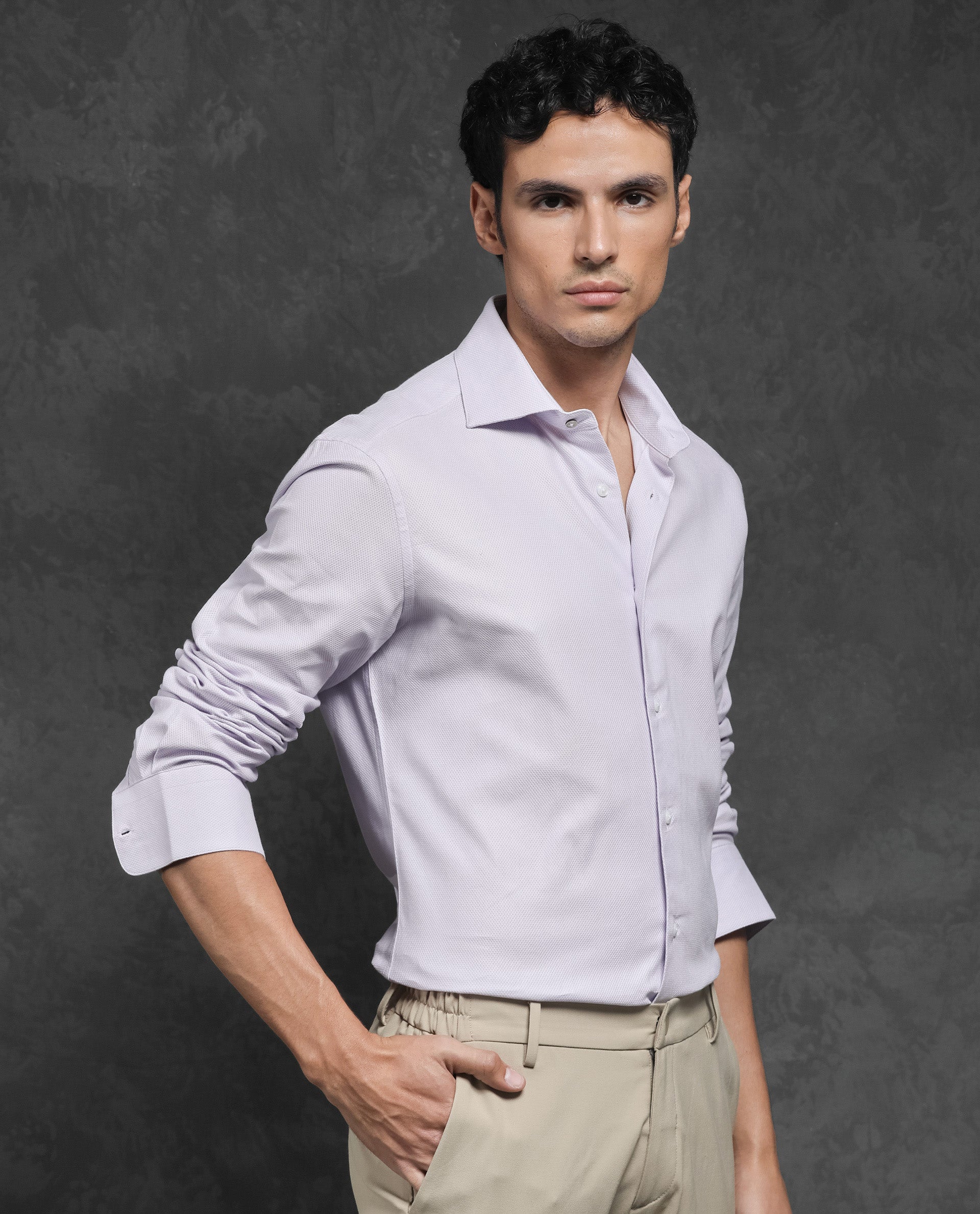 Rare Rabbit Men's Comb-1 Pastel Purple Cotton Fabric Full Sleeves Solid Shirt