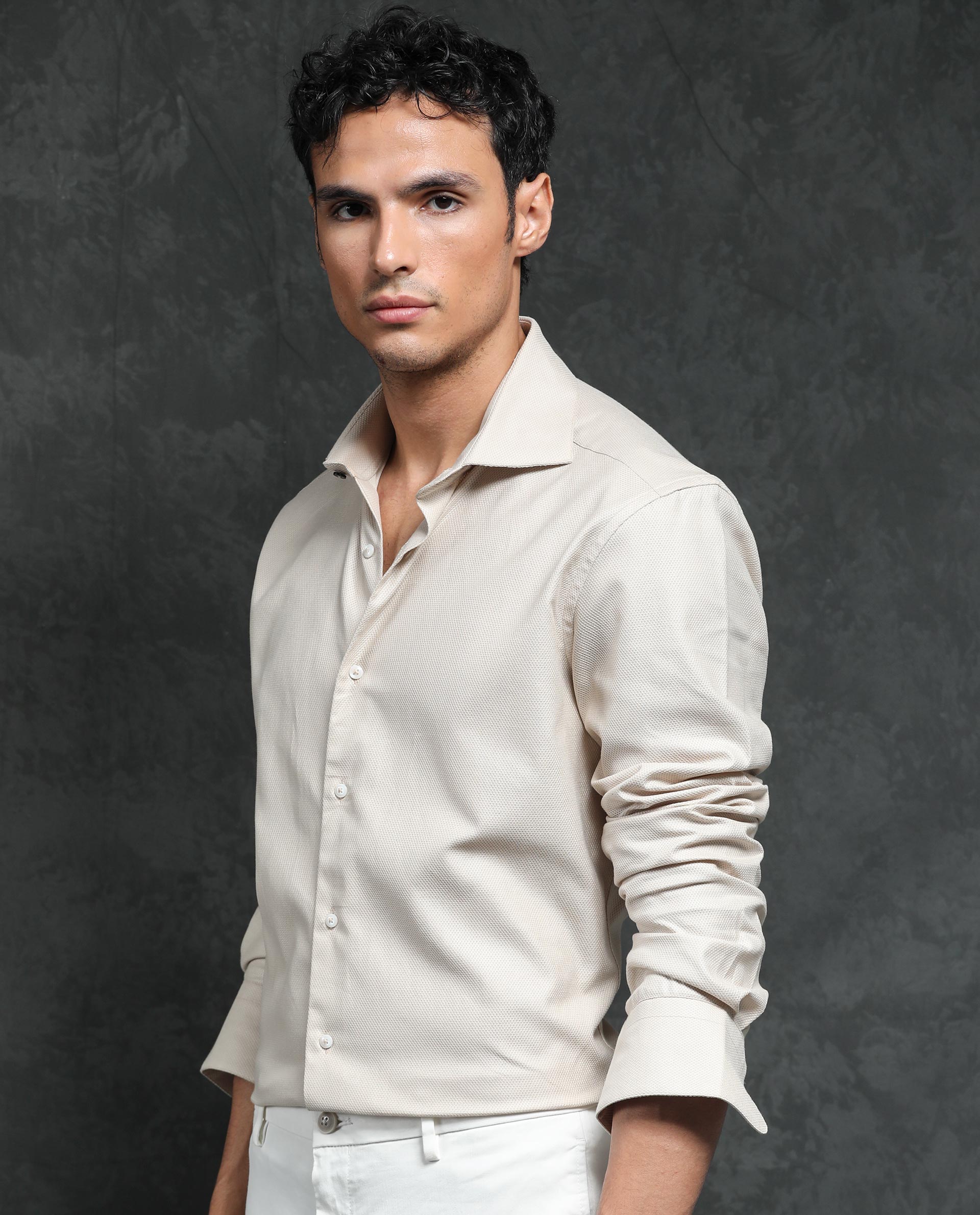 Rare Rabbit Men's Comb-1 Light Beige Cotton Fabric Full Sleeves Solid Shirt