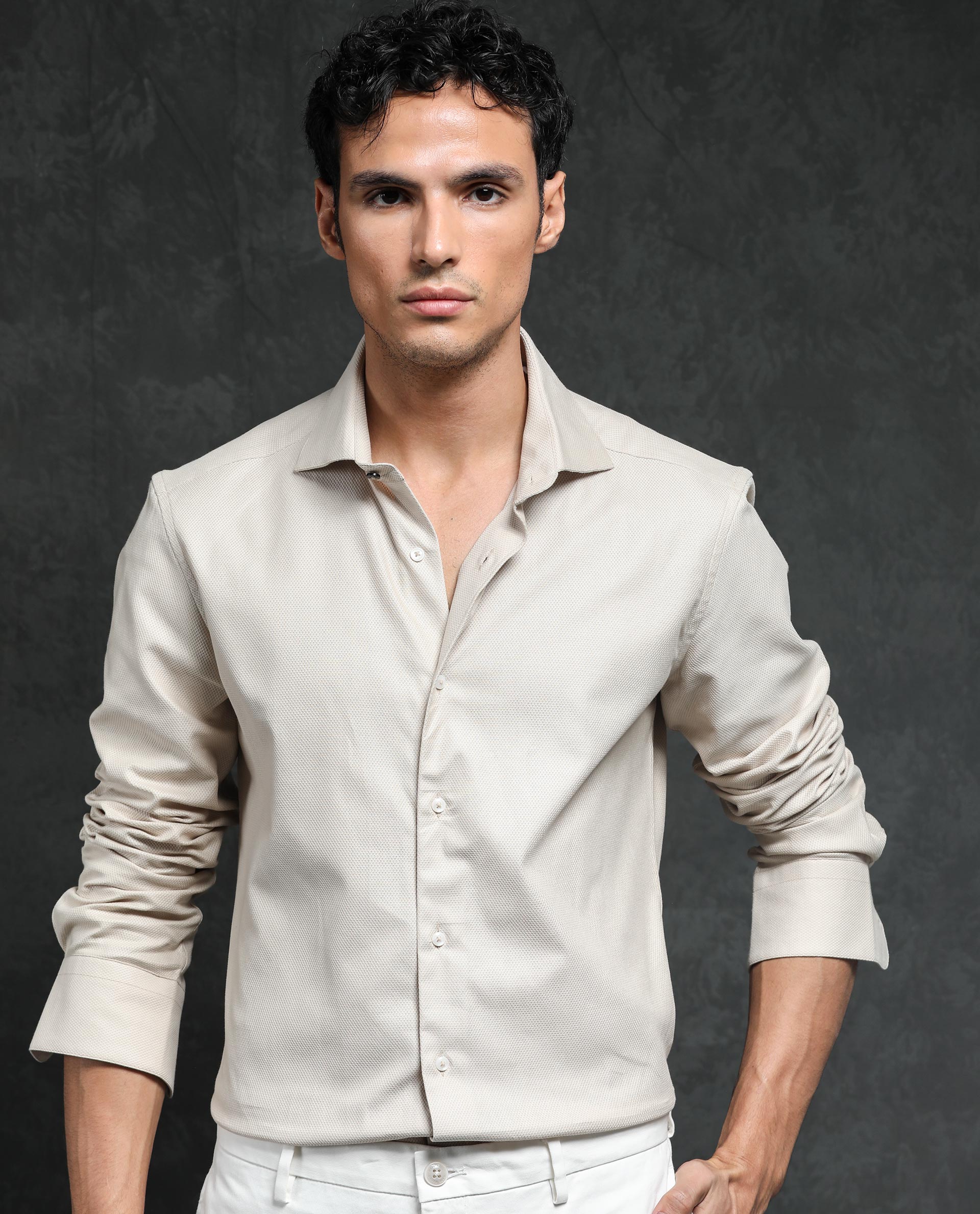 Rare Rabbit Men's Comb-1 Light Beige Cotton Fabric Full Sleeves Solid Shirt