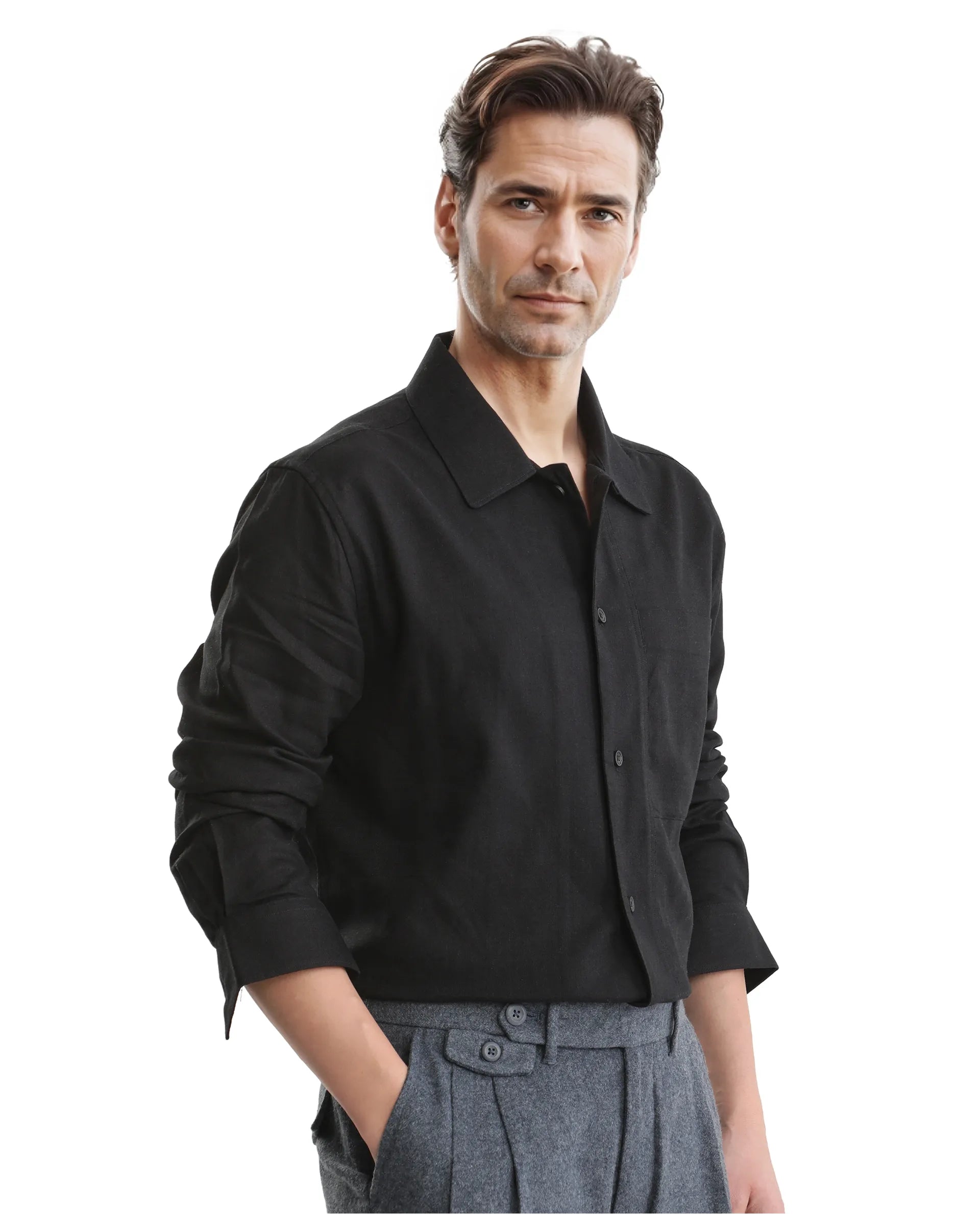 Rare Rabbit Men Combi Black Knitted Jacquard Fabric Full Sleeve Regular Fit Textured Solid Shirt