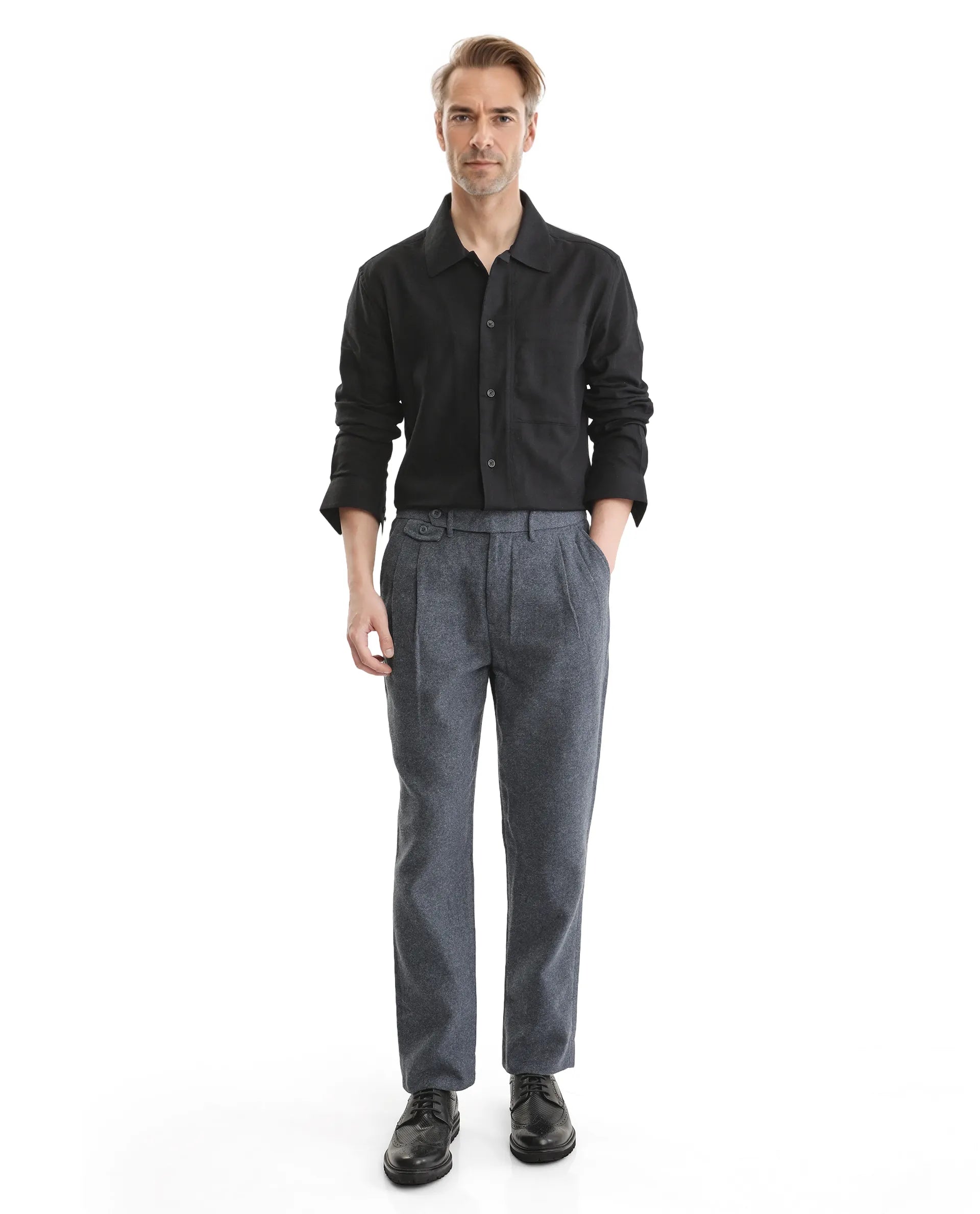 Rare Rabbit Men Combi Black Knitted Jacquard Fabric Full Sleeve Regular Fit Textured Solid Shirt