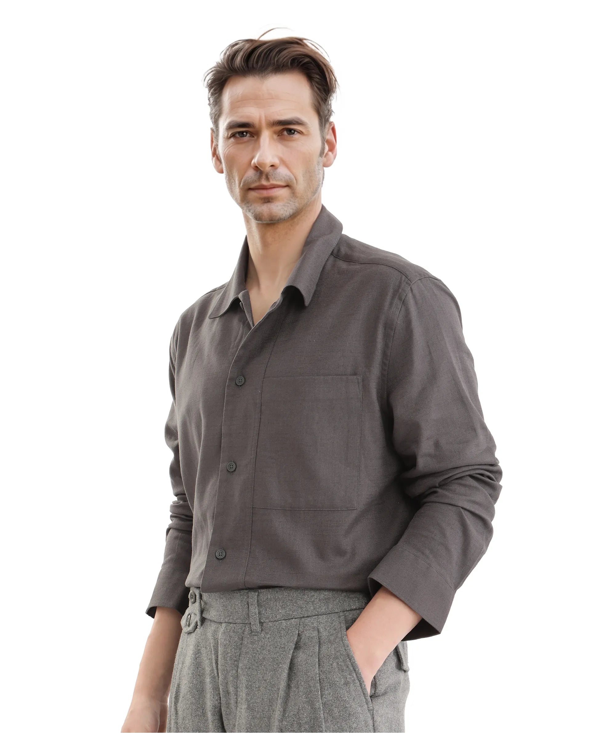 Rare Rabbit Men Combi Dark Grey Knitted Jacquard Fabric Full Sleeve Regular Fit Textured Solid Shirt