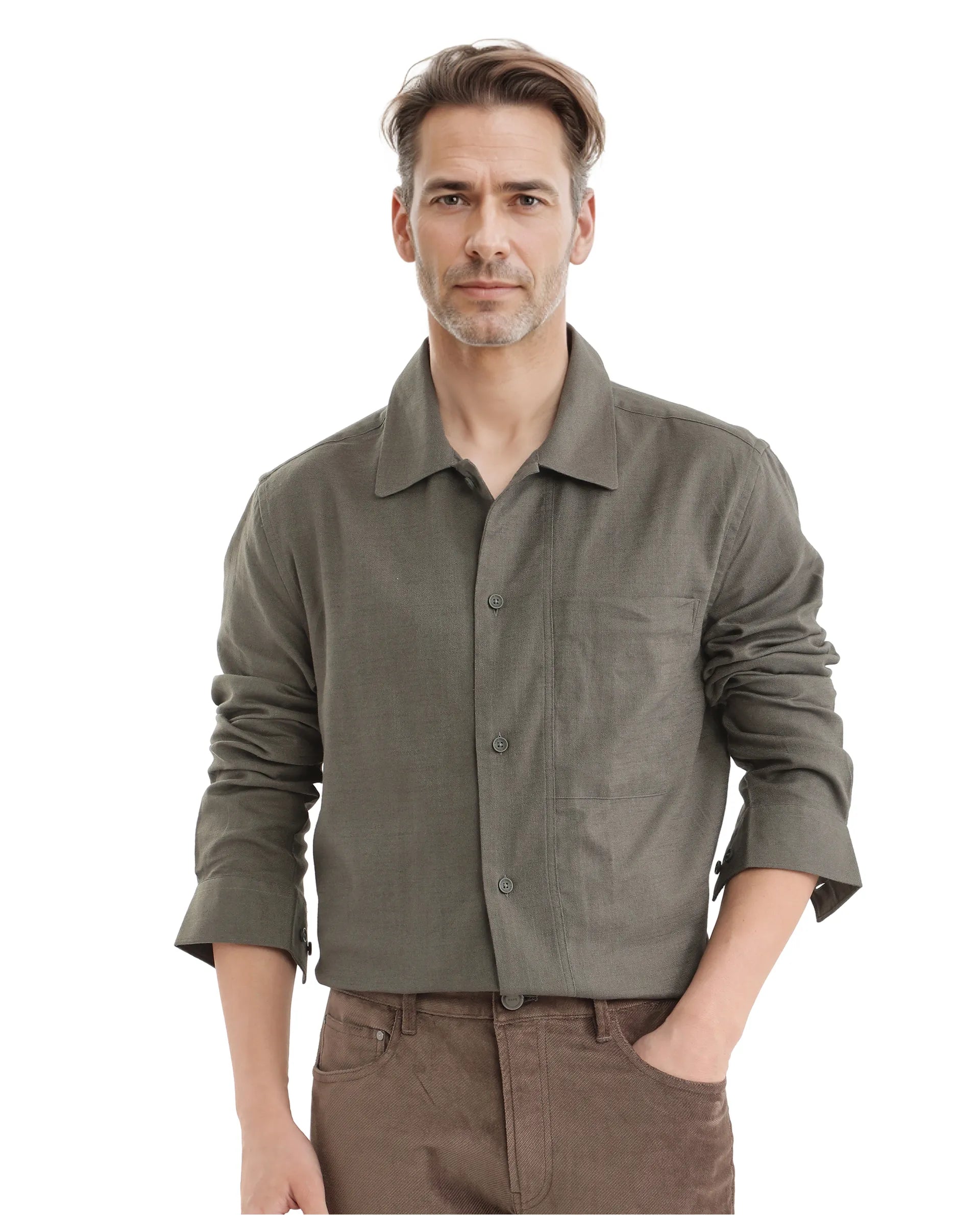 Rare Rabbit Men Combi Olive Knitted Jacquard Fabric Full Sleeve Regular Fit Textured Solid Shirt