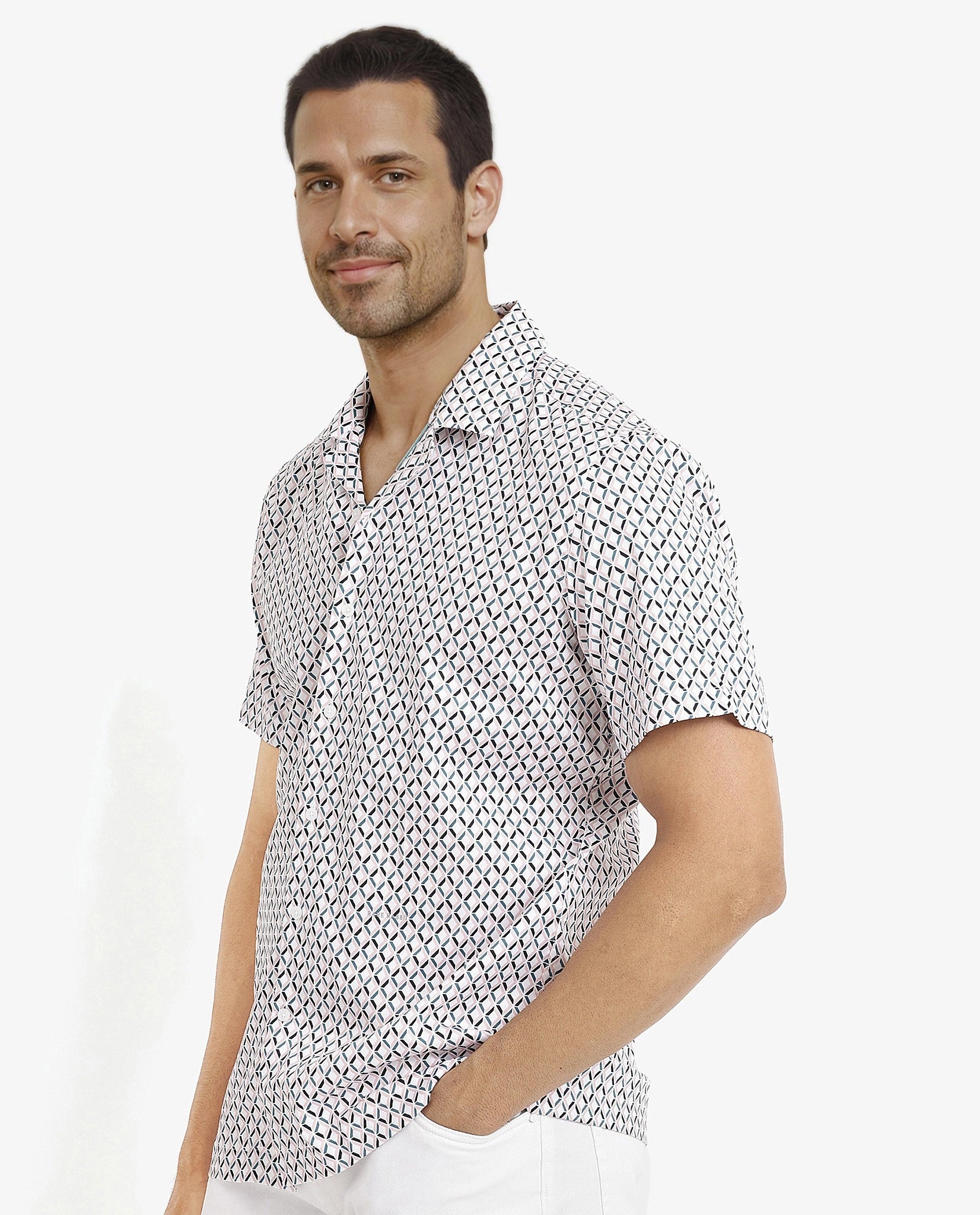 Rare Rabbit Men's Comet White Cotton Fabric Geometric Print Half Sleeves Shirt