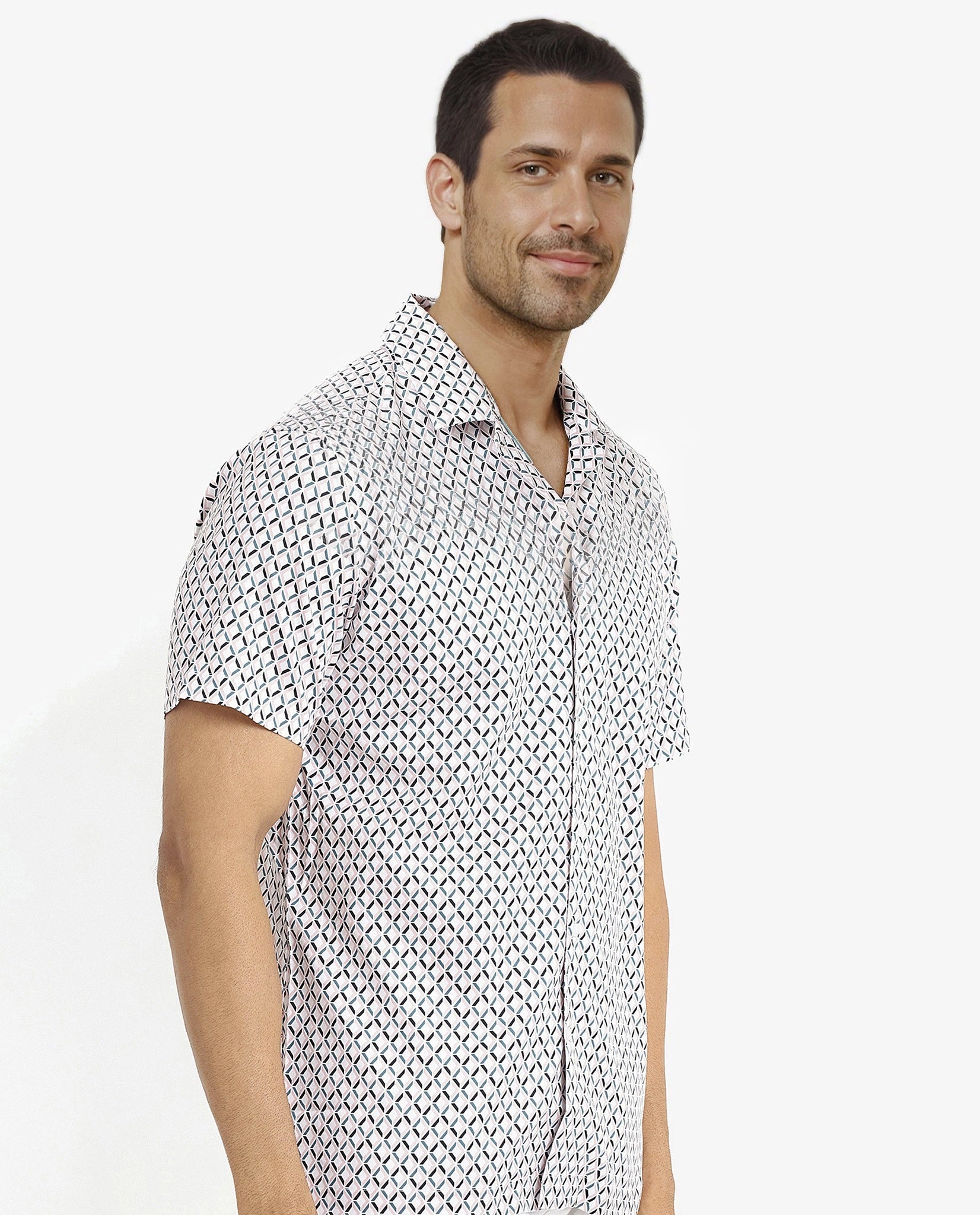 Rare Rabbit Men's Comet White Cotton Fabric Geometric Print Half Sleeves Shirt