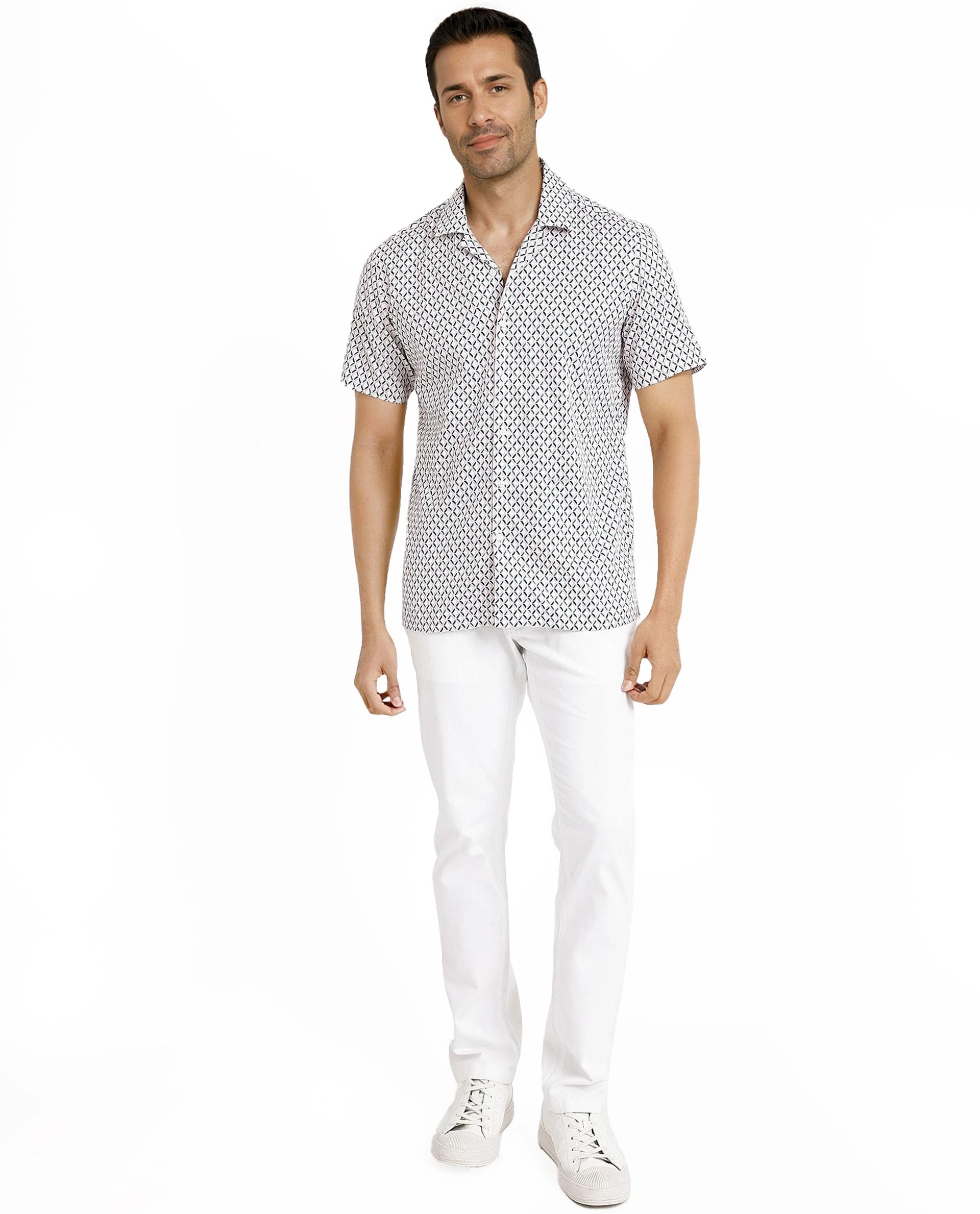 Rare Rabbit Men's Comet White Cotton Fabric Geometric Print Half Sleeves Shirt