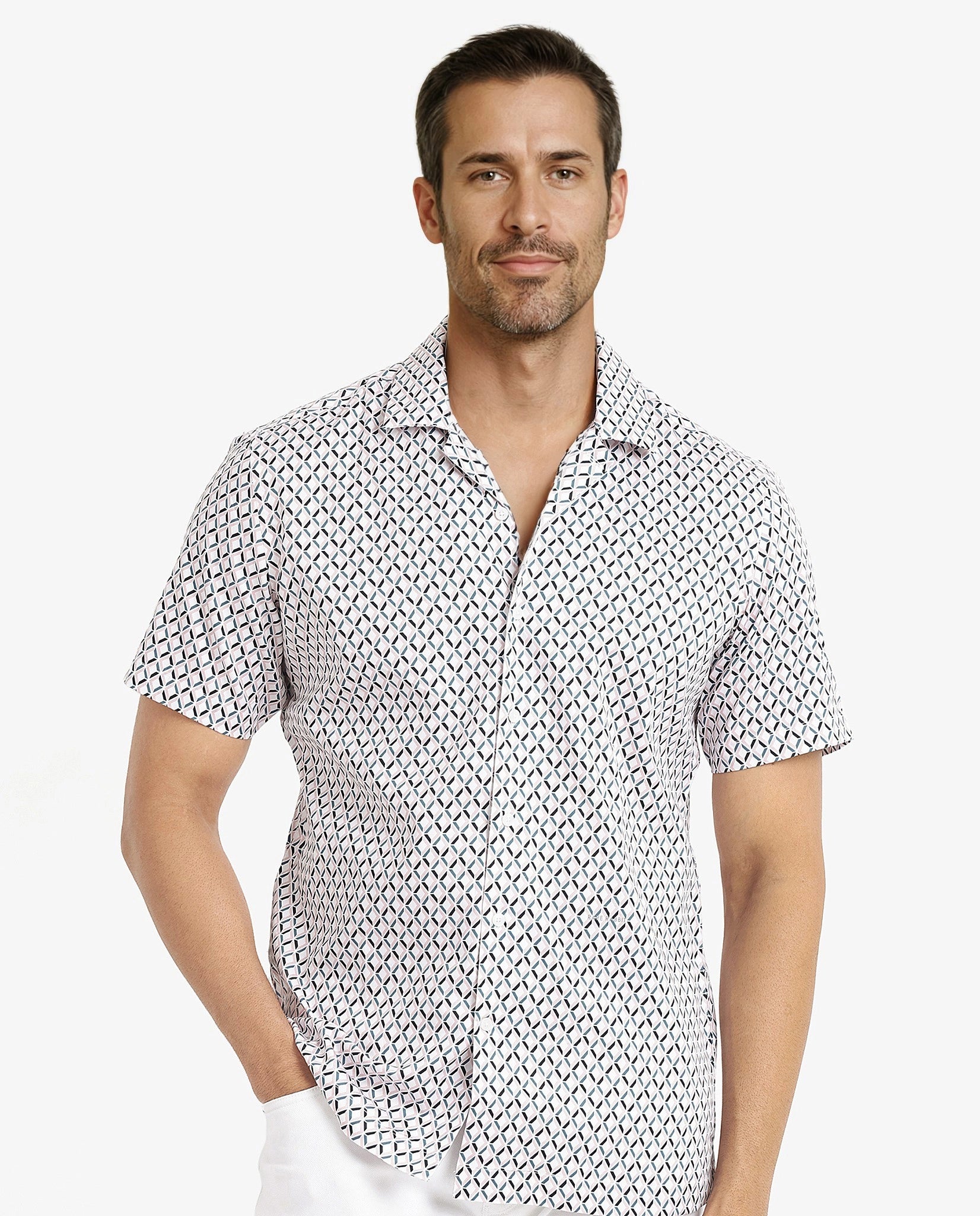 Rare Rabbit Men's Comet White Cotton Fabric Geometric Print Half Sleeves Shirt