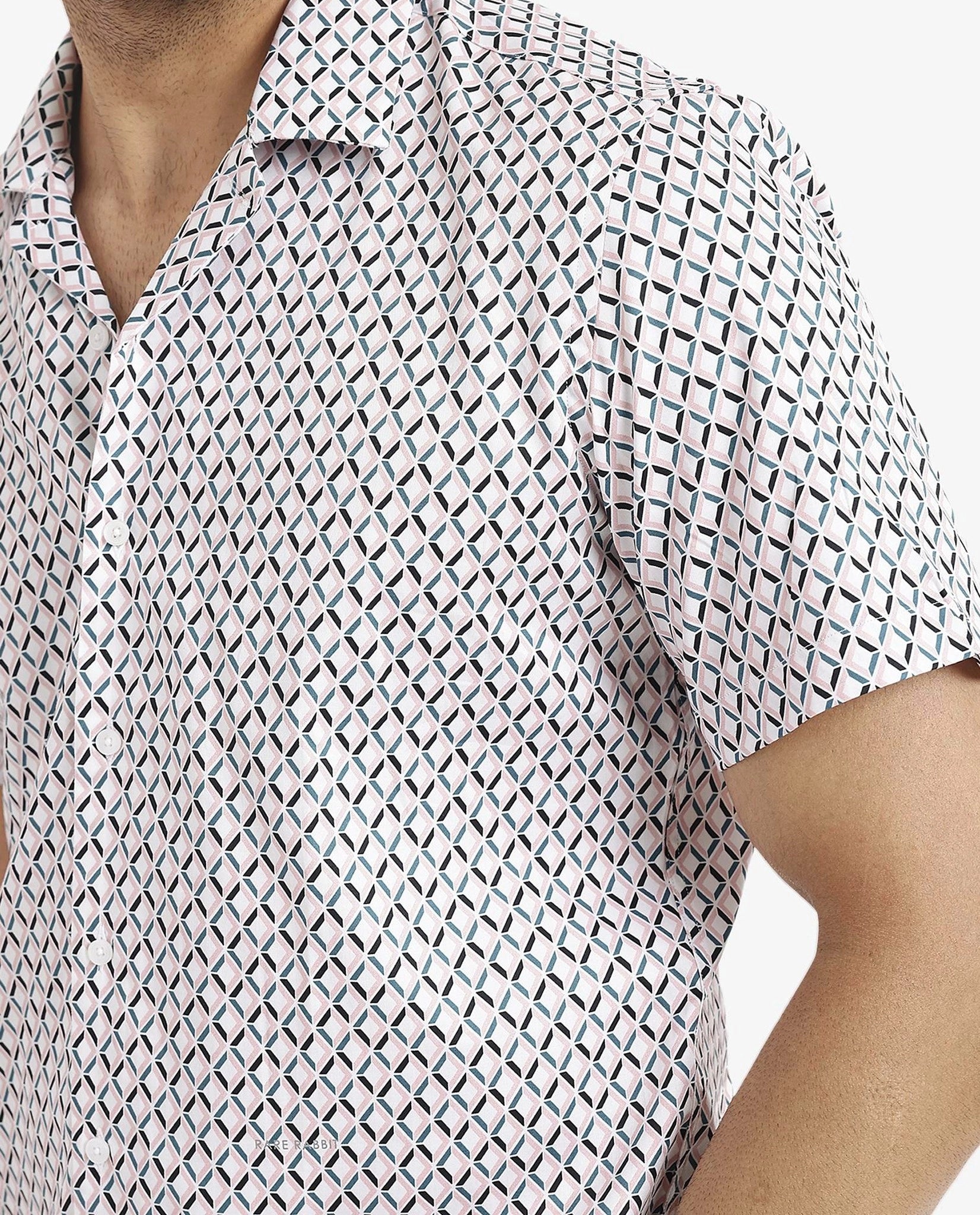 Rare Rabbit Men's Comet White Cotton Fabric Geometric Print Half Sleeves Shirt