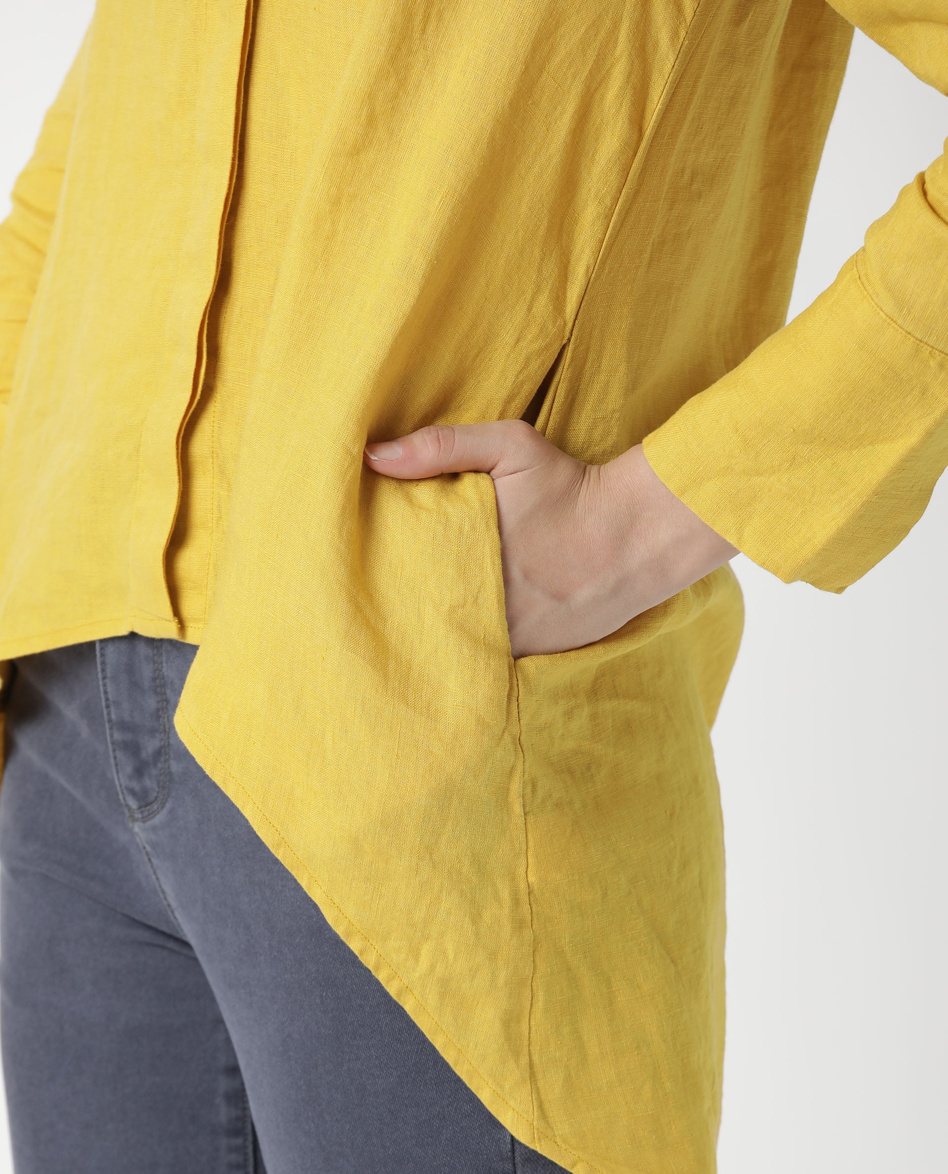 Rareism Women Comfo Yellow Linen Fabric Relaxed Fit Shirt Collar Full Sleeves Solid Top