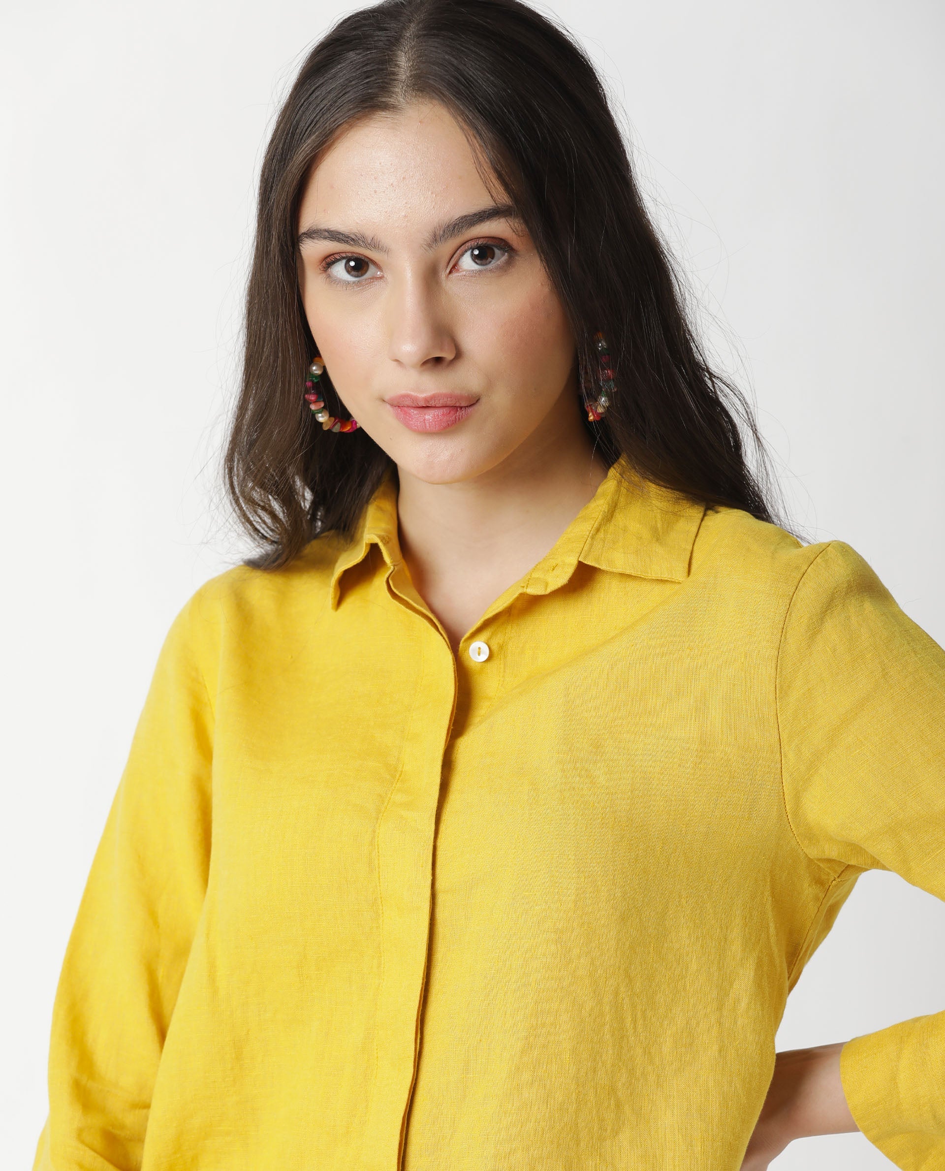 Rareism Women Comfo Yellow Linen Fabric Relaxed Fit Shirt Collar Full Sleeves Solid Top