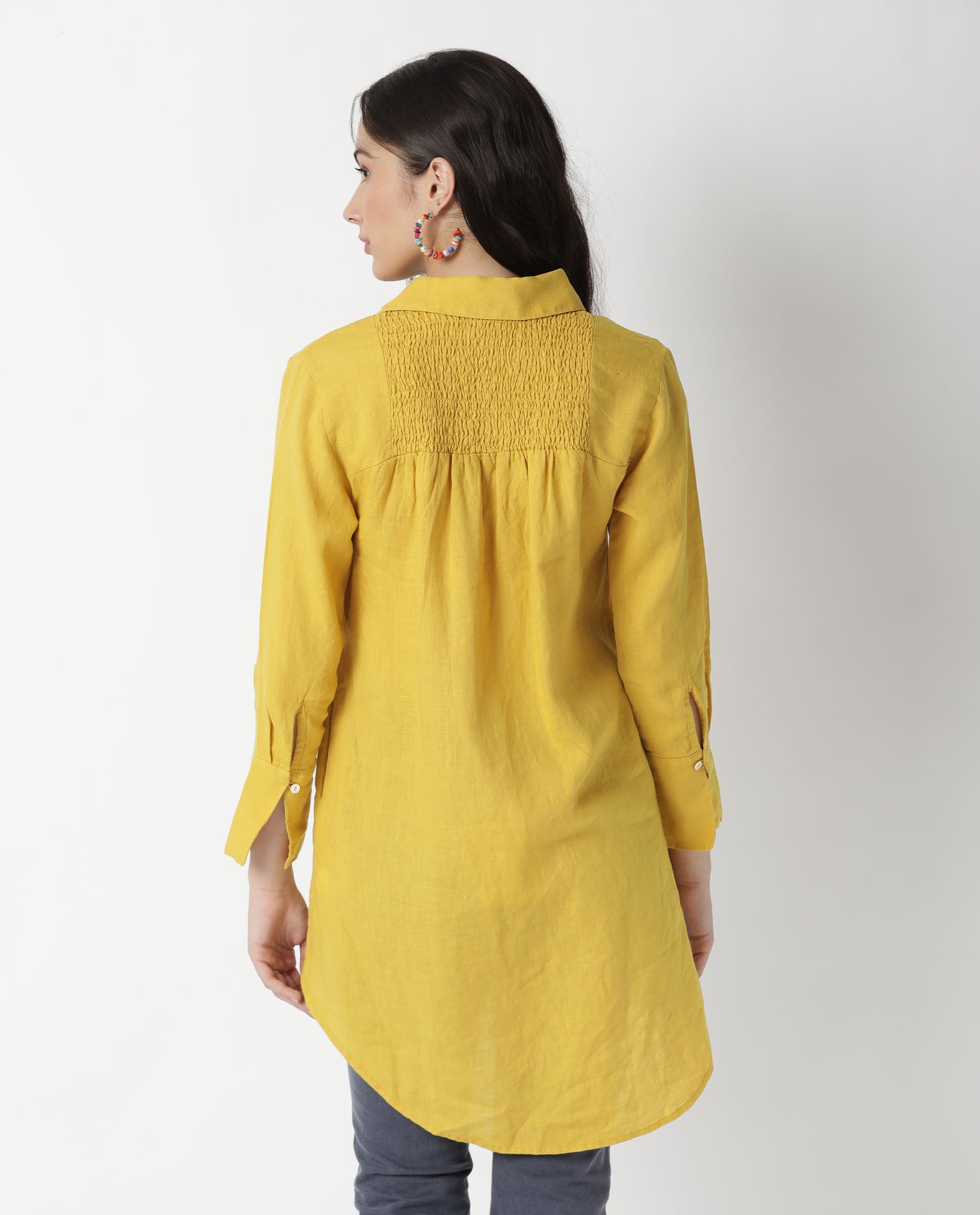 Rareism Women Comfo Yellow Linen Fabric Relaxed Fit Shirt Collar Full Sleeves Solid Top