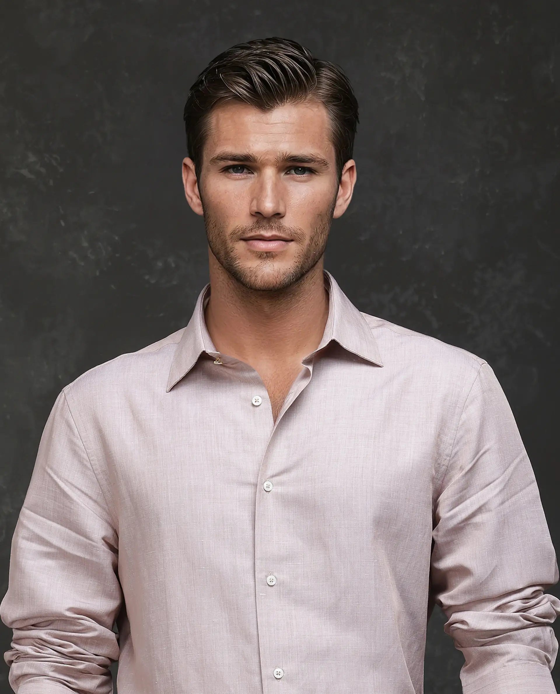 Rare Rabbit Men's Commas Light Beige Tencil Linen Fabric Full Sleeve Collared Neck Button Closure Plain Shirt