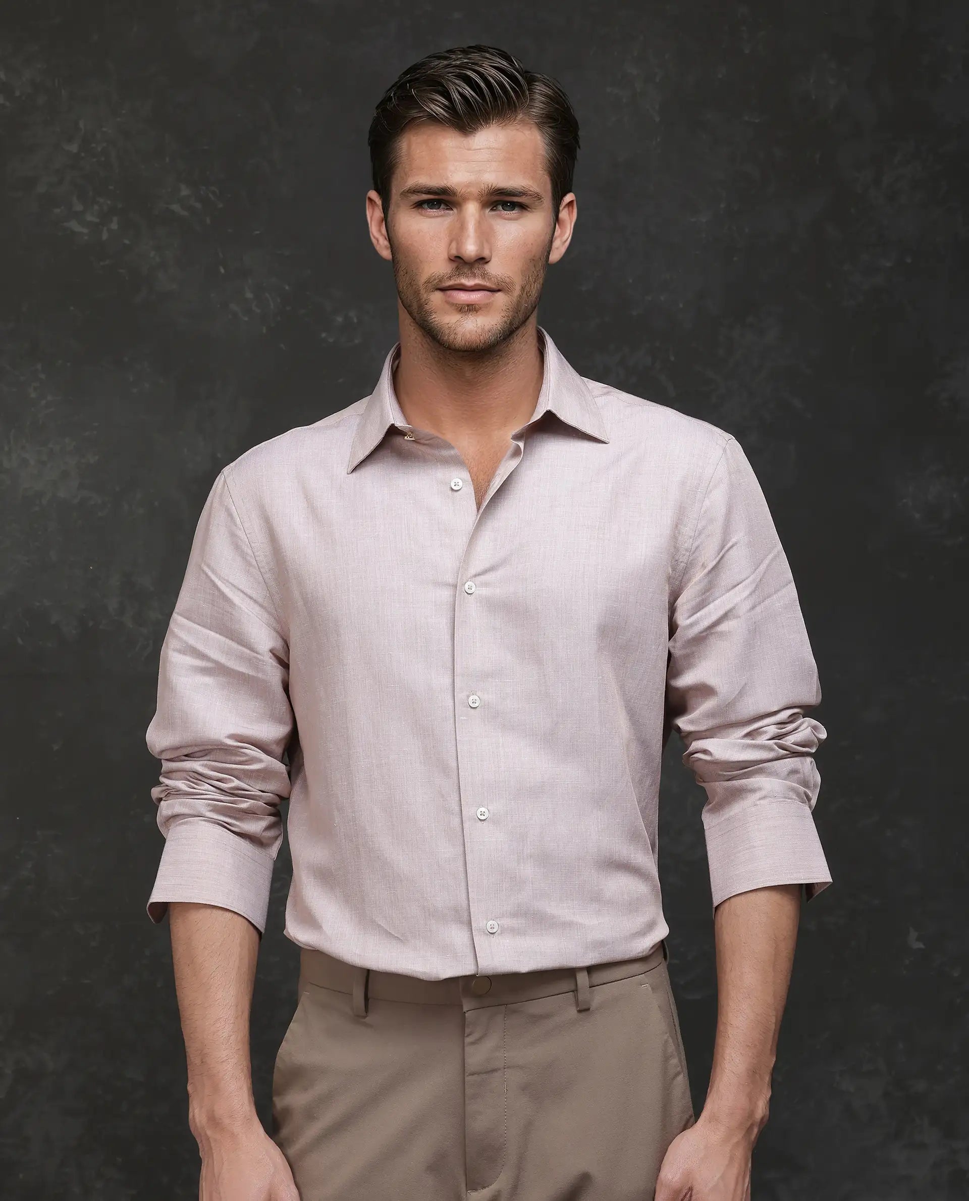 Rare Rabbit Men's Commas Light Beige Tencil Linen Fabric Full Sleeve Collared Neck Button Closure Plain Shirt