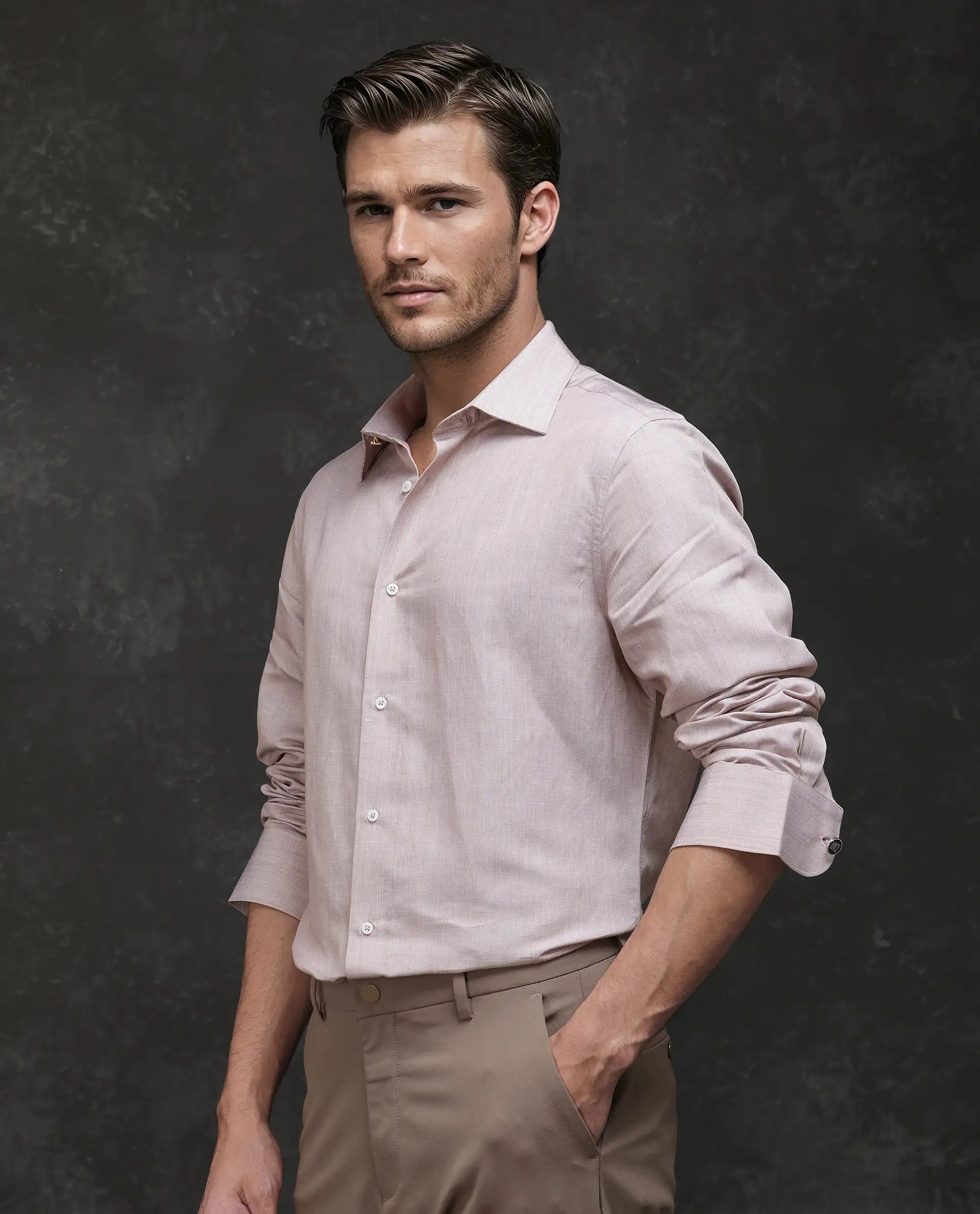 Rare Rabbit Men's Commas Light Beige Tencil Linen Fabric Full Sleeve Collared Neck Button Closure Plain Shirt