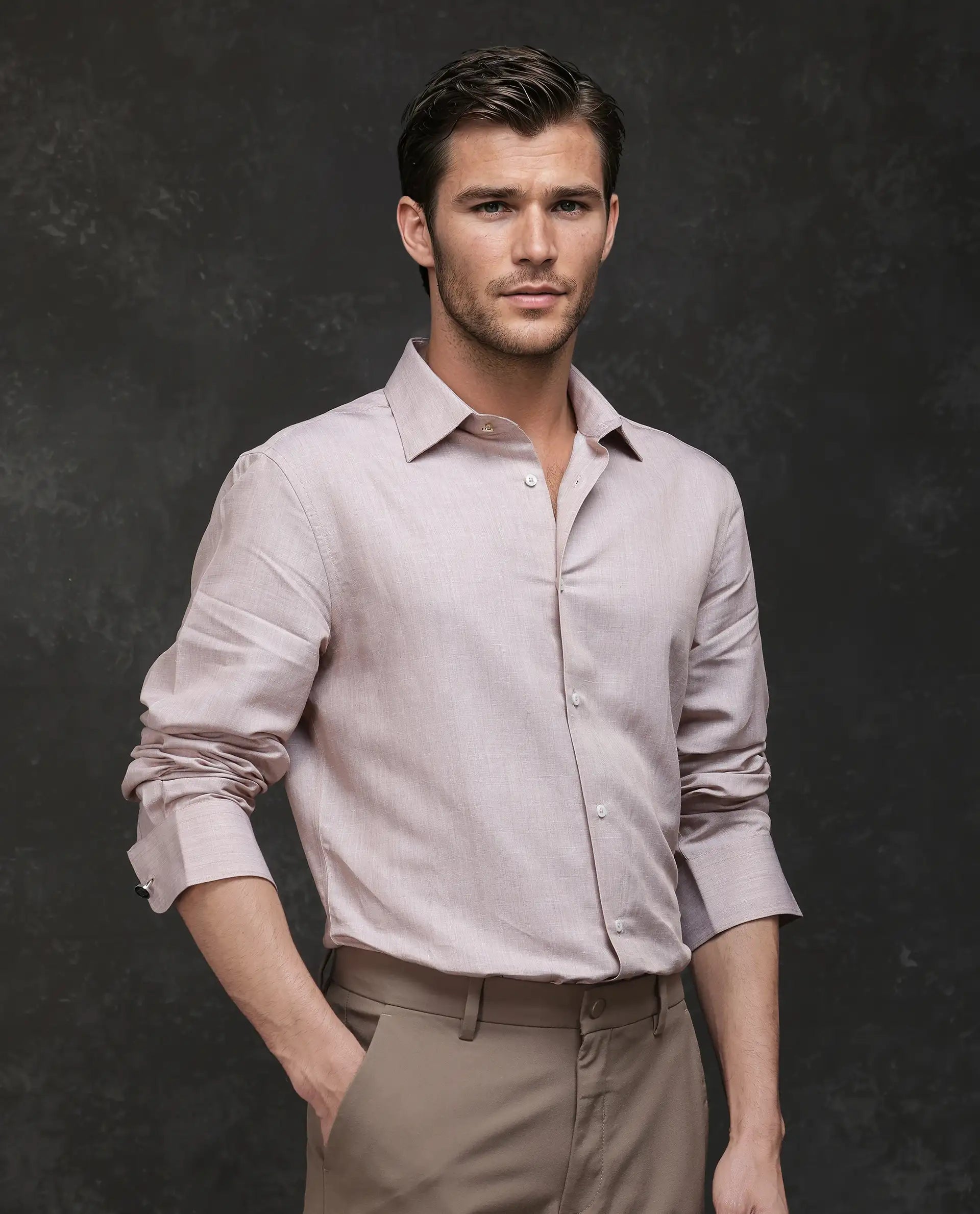 Rare Rabbit Men's Commas Light Beige Tencil Linen Fabric Full Sleeve Collared Neck Button Closure Plain Shirt