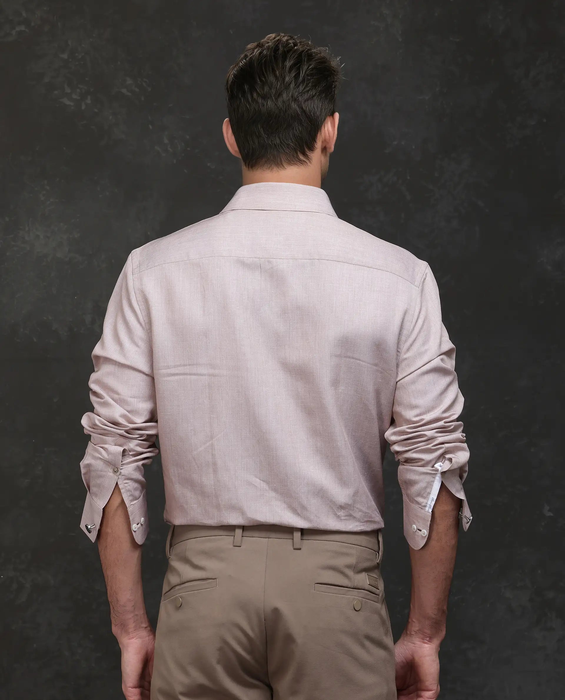 Rare Rabbit Men's Commas Light Beige Tencil Linen Fabric Full Sleeve Collared Neck Button Closure Plain Shirt