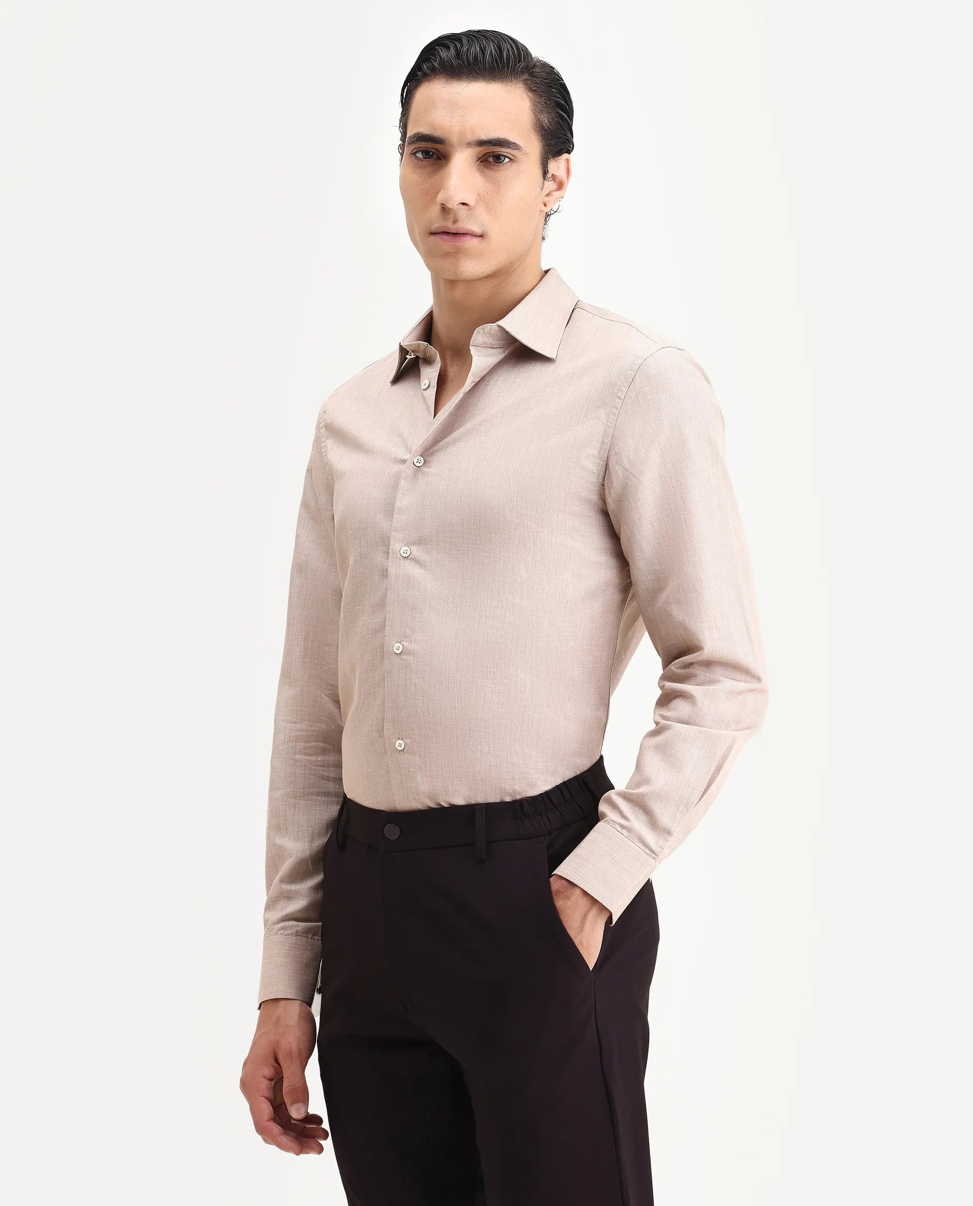 Rare Rabbit Men's Commas Light Beige Linen Blend Plain Regular Fit Full Sleeve Collared Shirt