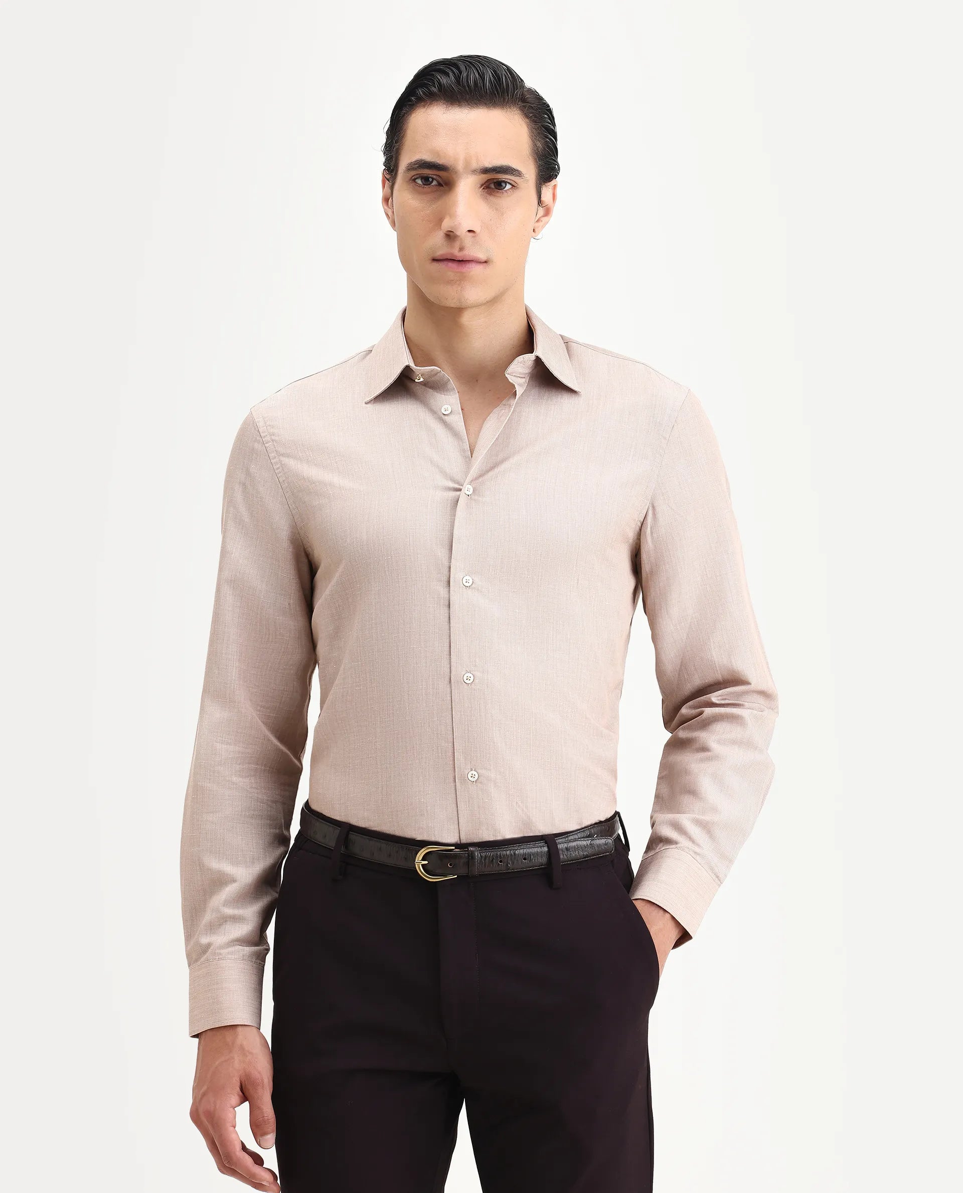 Rare Rabbit Men's Commas Light Beige Linen Blend Plain Regular Fit Full Sleeve Collared Shirt