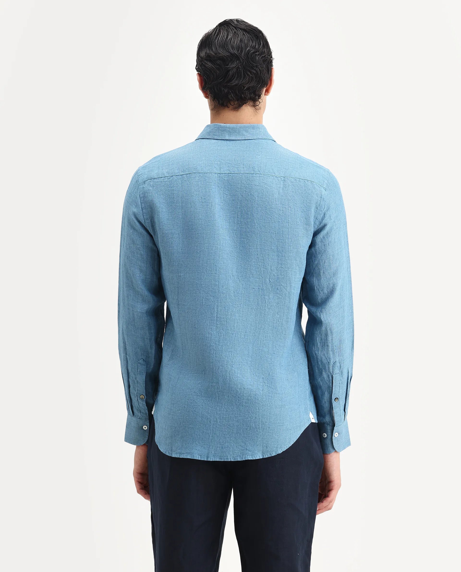 Rare Rabbit Men's Borium Ls-25 Dusky Blue 100% Linen Plain Regular Fit Full Sleeve Collared Shirt