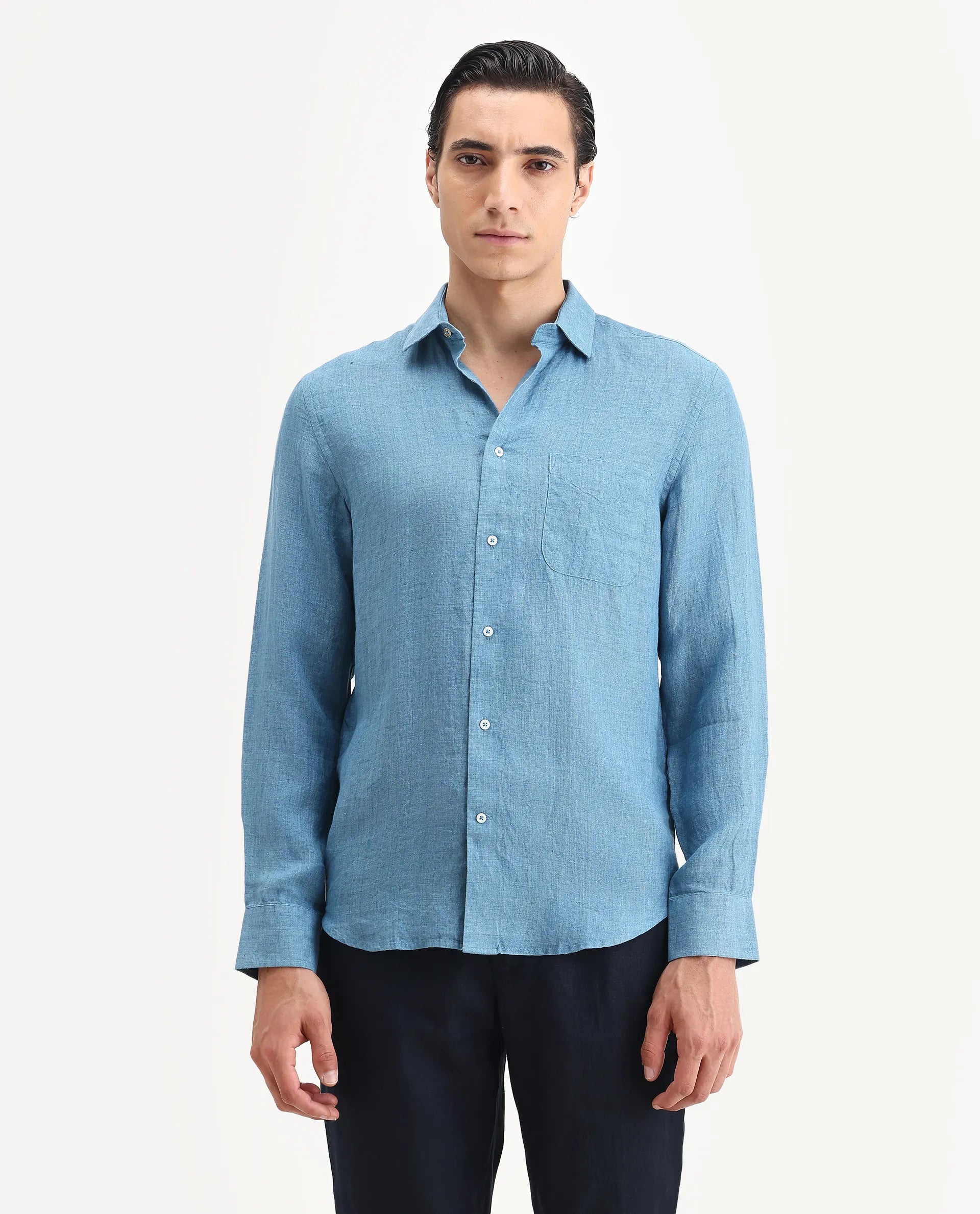 Rare Rabbit Men's Borium Ls-25 Dusky Blue 100% Linen Plain Regular Fit Full Sleeve Collared Shirt