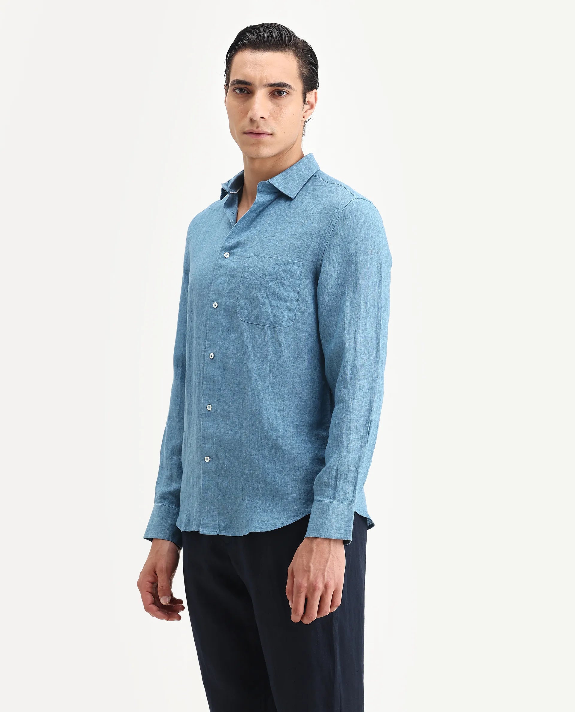 Rare Rabbit Men's Borium Ls-25 Dusky Blue 100% Linen Plain Regular Fit Full Sleeve Collared Shirt
