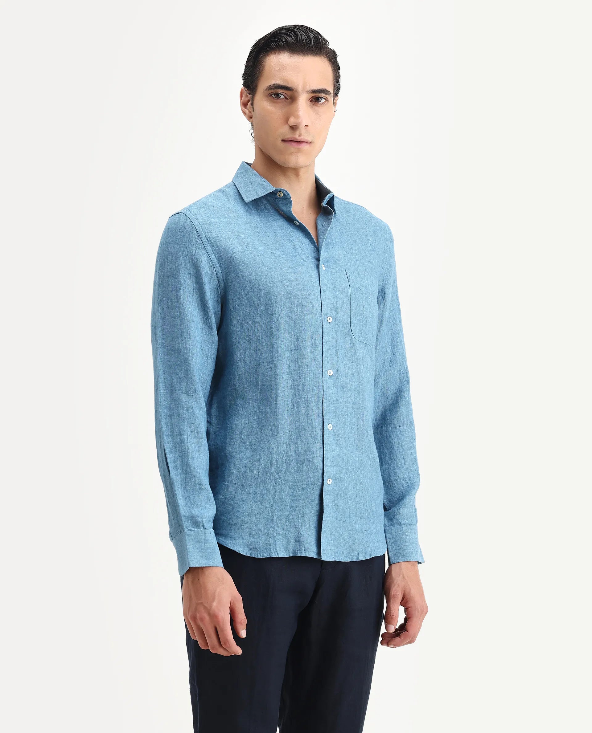 Rare Rabbit Men's Borium Ls-25 Dusky Blue 100% Linen Plain Regular Fit Full Sleeve Collared Shirt