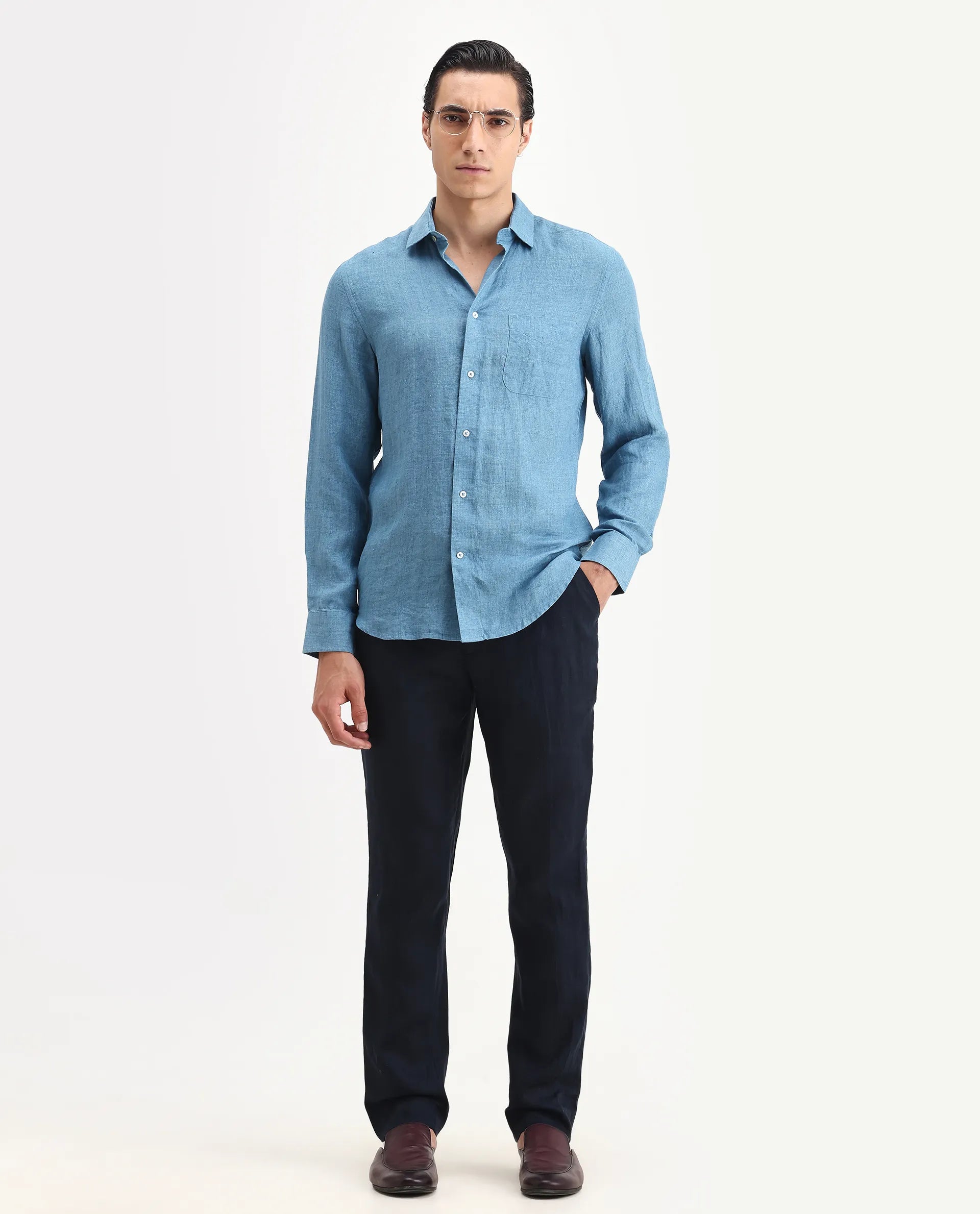 Rare Rabbit Men's Borium Ls-25 Dusky Blue 100% Linen Plain Regular Fit Full Sleeve Collared Shirt