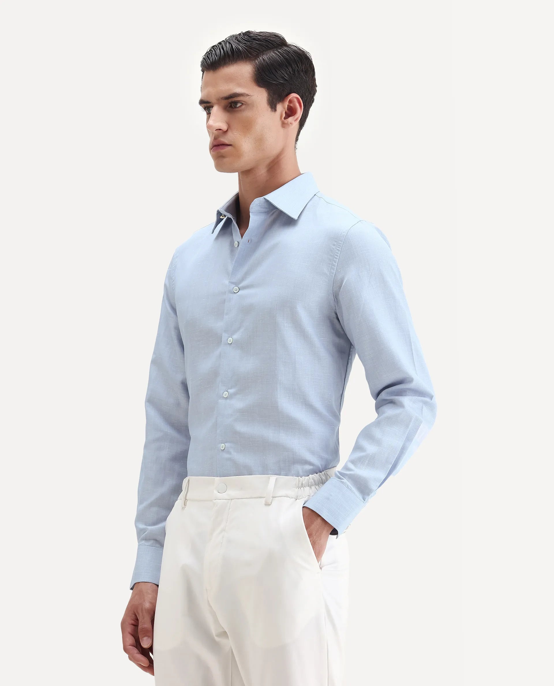 Rare Rabbit Men's Commas Light Blue Linen Blend Plain Regular Fit Full Sleeve Collared Shirt